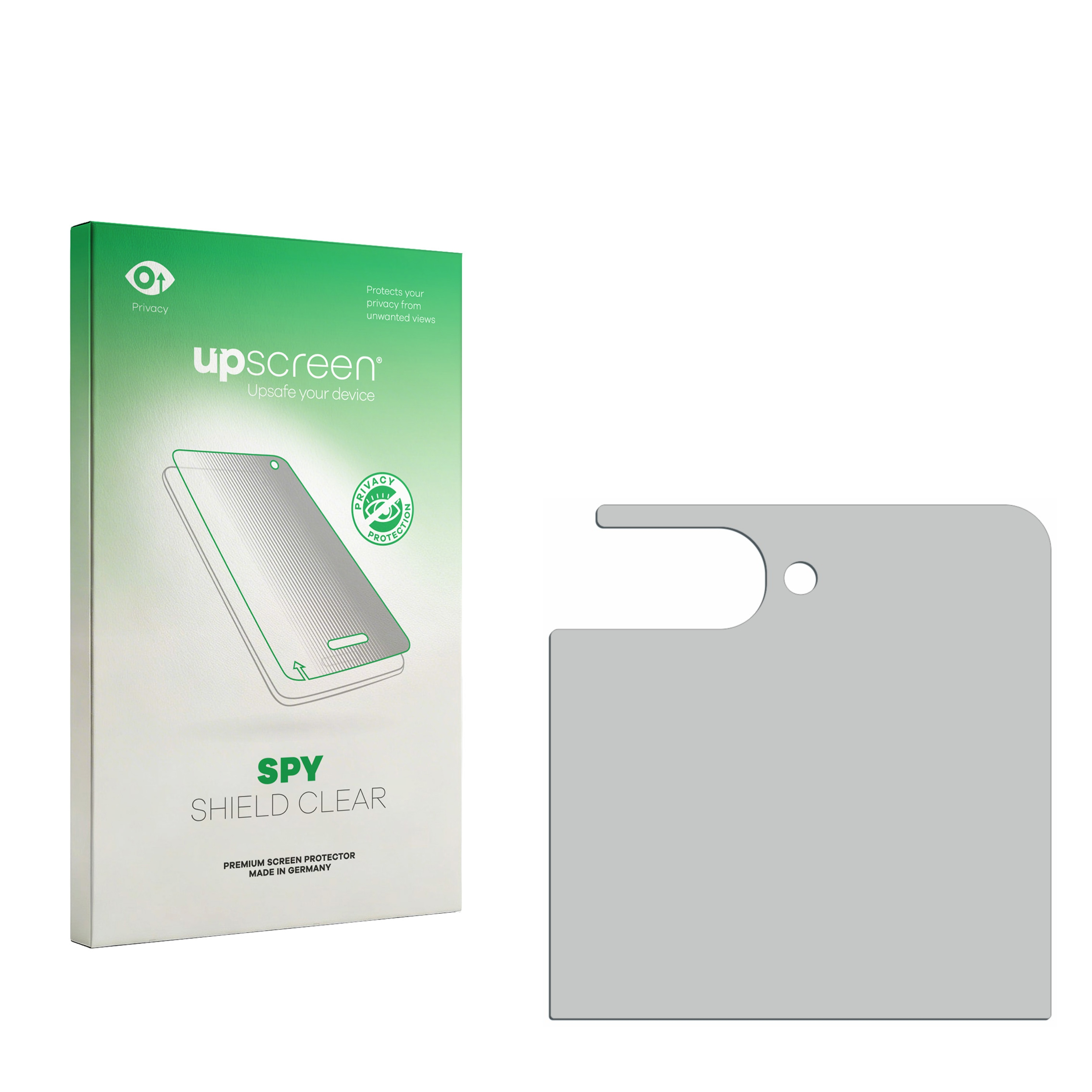Verpackung für einen Sichtschutz-Displayschutz und einen Displayschutz aus grauem Material.