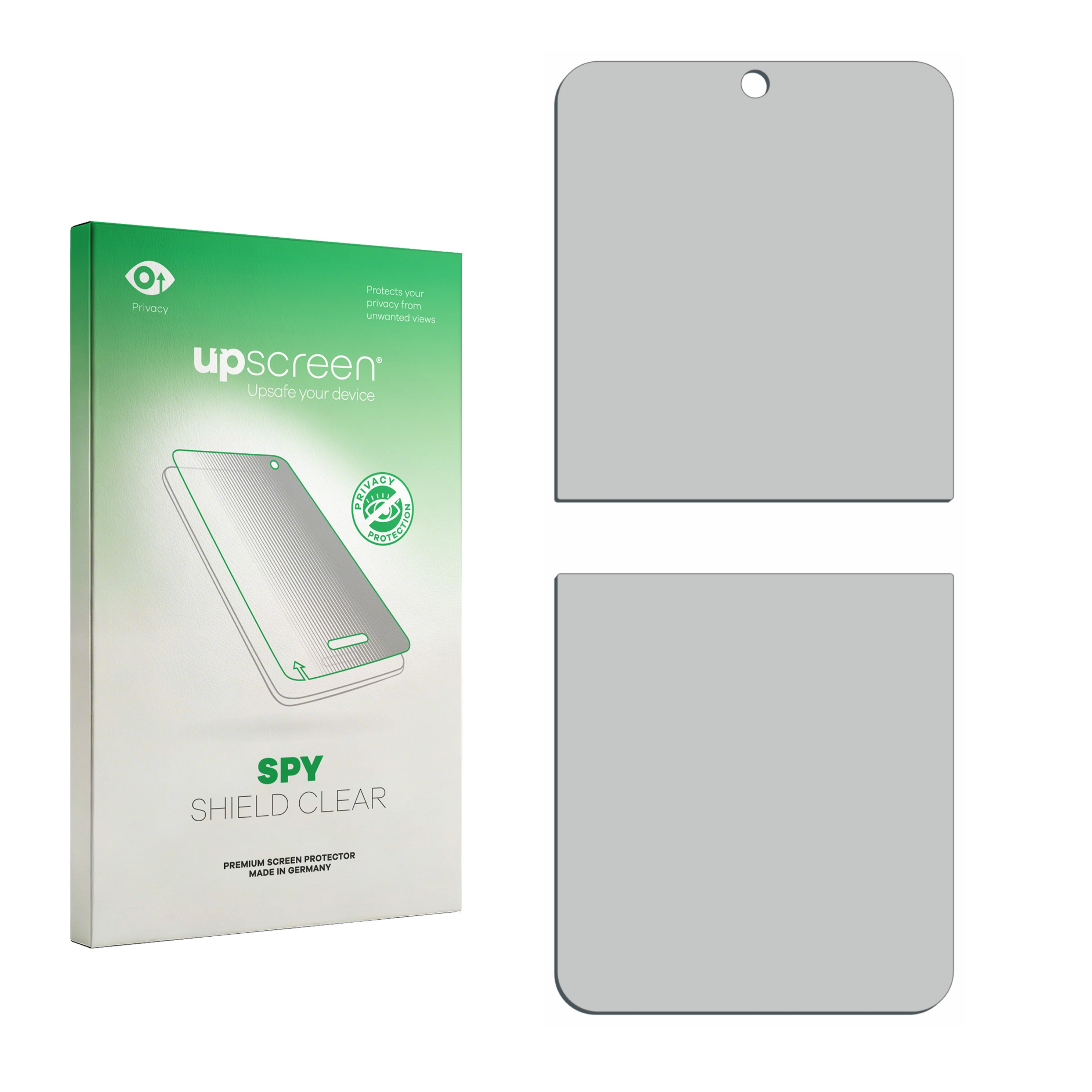 Verpackung für einen Displayschutz mit der Aufschrift 'upscreen SPY SHIELD CLEAR'.