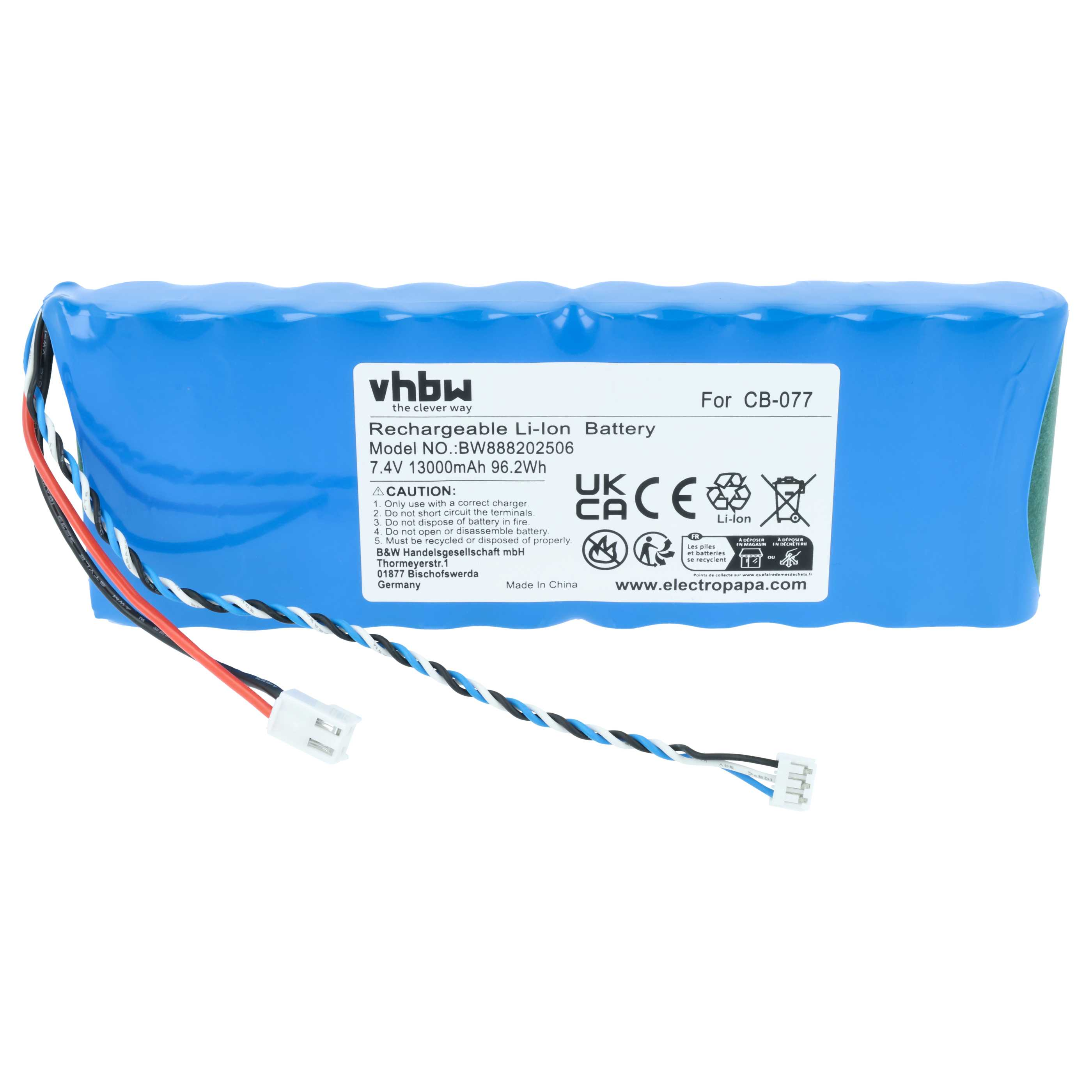 Blauer Akku mit Kabeln und Etikett, 7,4V 13000mAh, Marke vhbw.