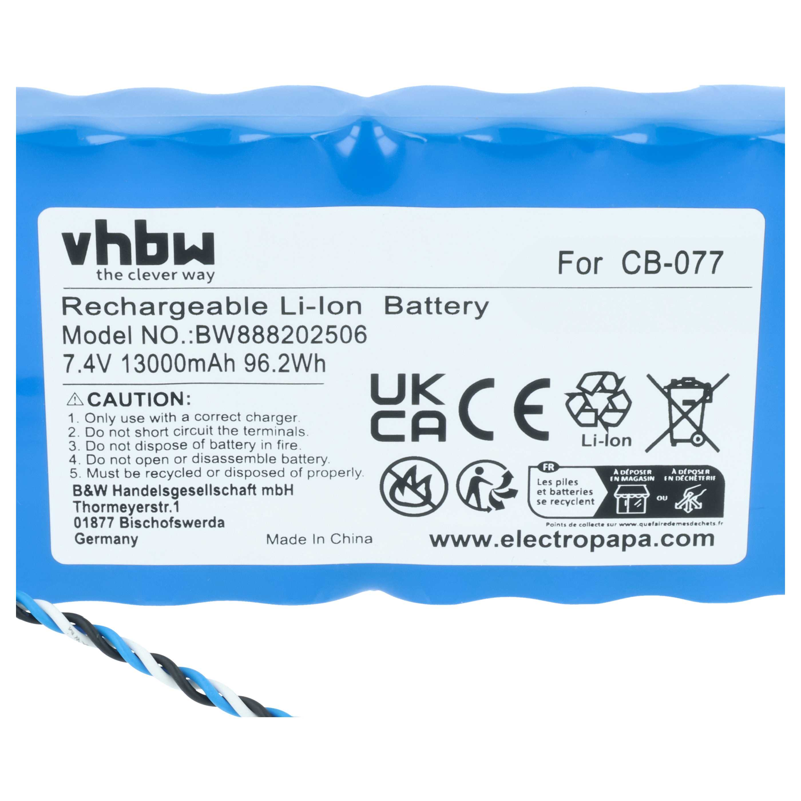 Vorderansicht einer blauen Li-Ion-Batterie für CB-077 mit Warnhinweisen.