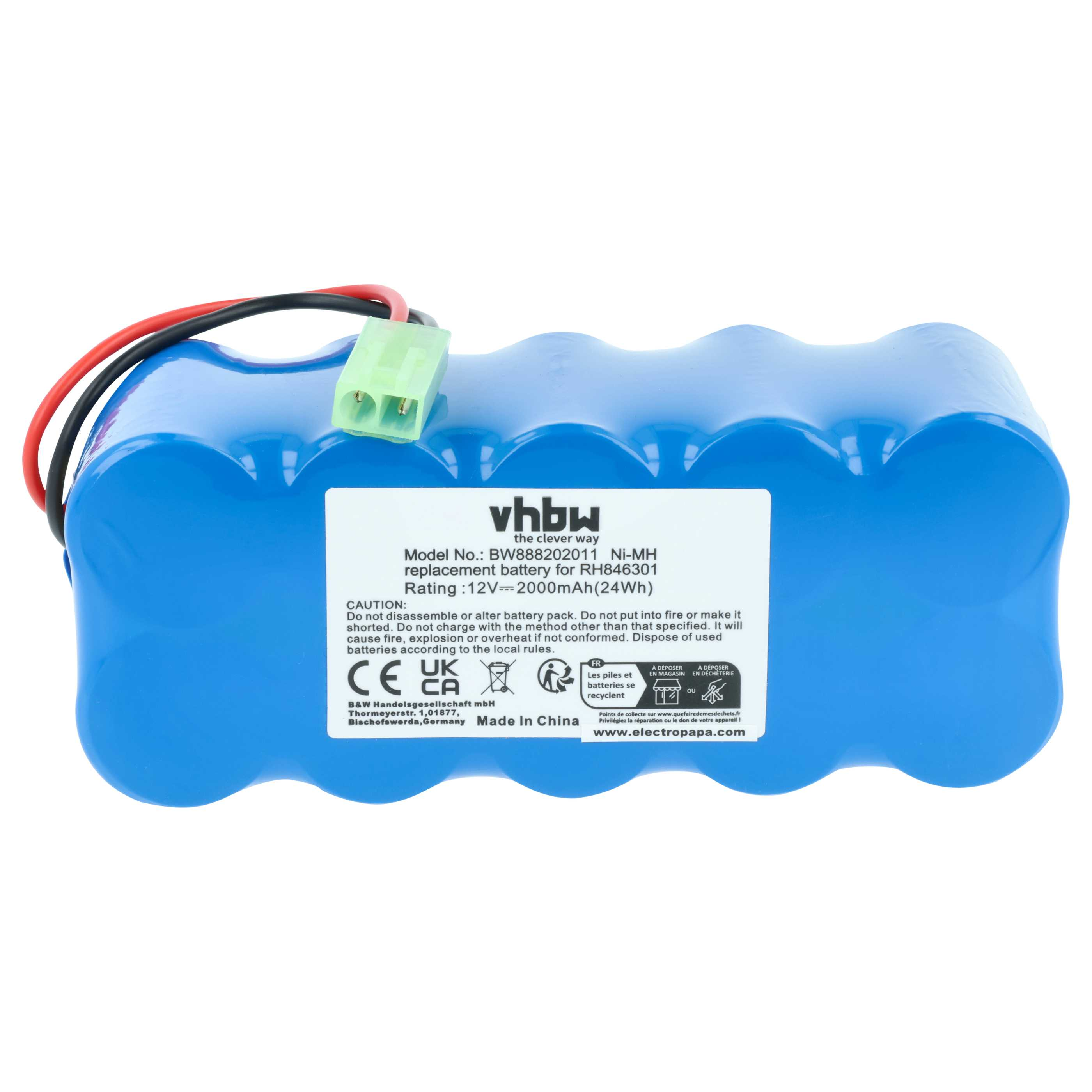 Blauer Ni-MH Akku mit Kabeln und Stecker, mit Aufkleber und Warnsymbolen.