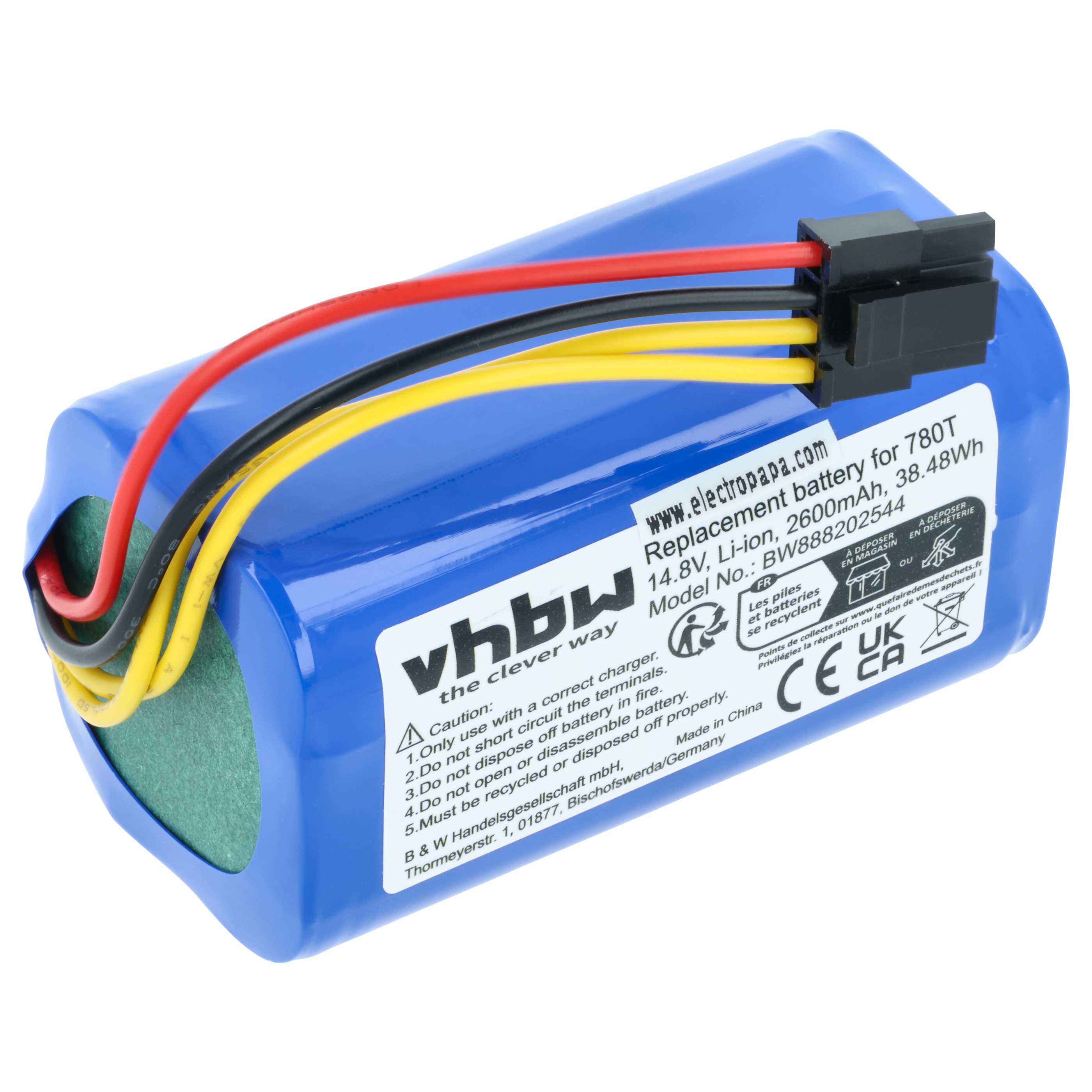 Blauer Lithium-Ionen-Akku (14.8V, 2600mAh) mit rotem, schwarzem und gelbem Kabel.