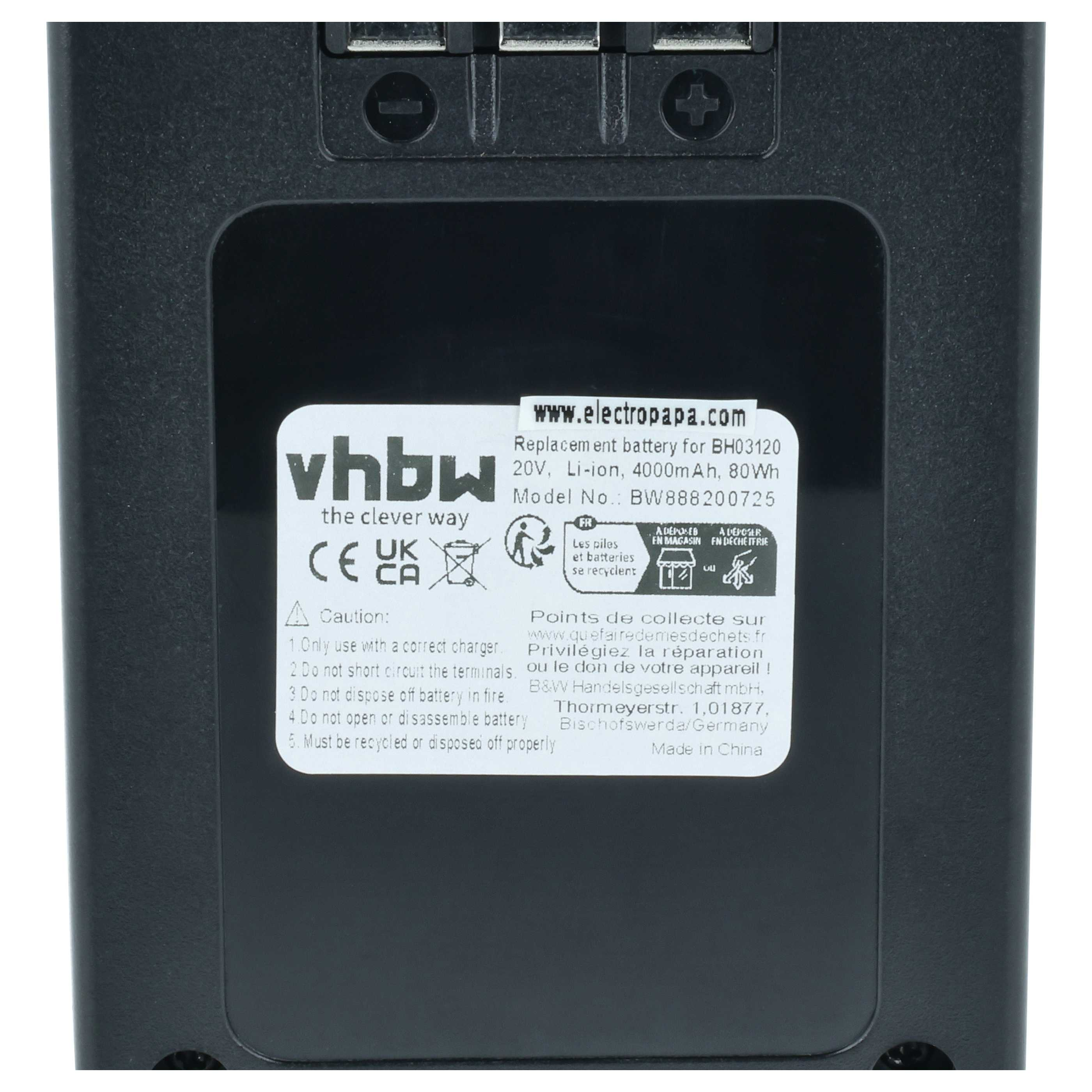 Schwarzer Akku mit Label: vhbw, 20V, Li-Ion, 4000mAh, Modell BW888200725.