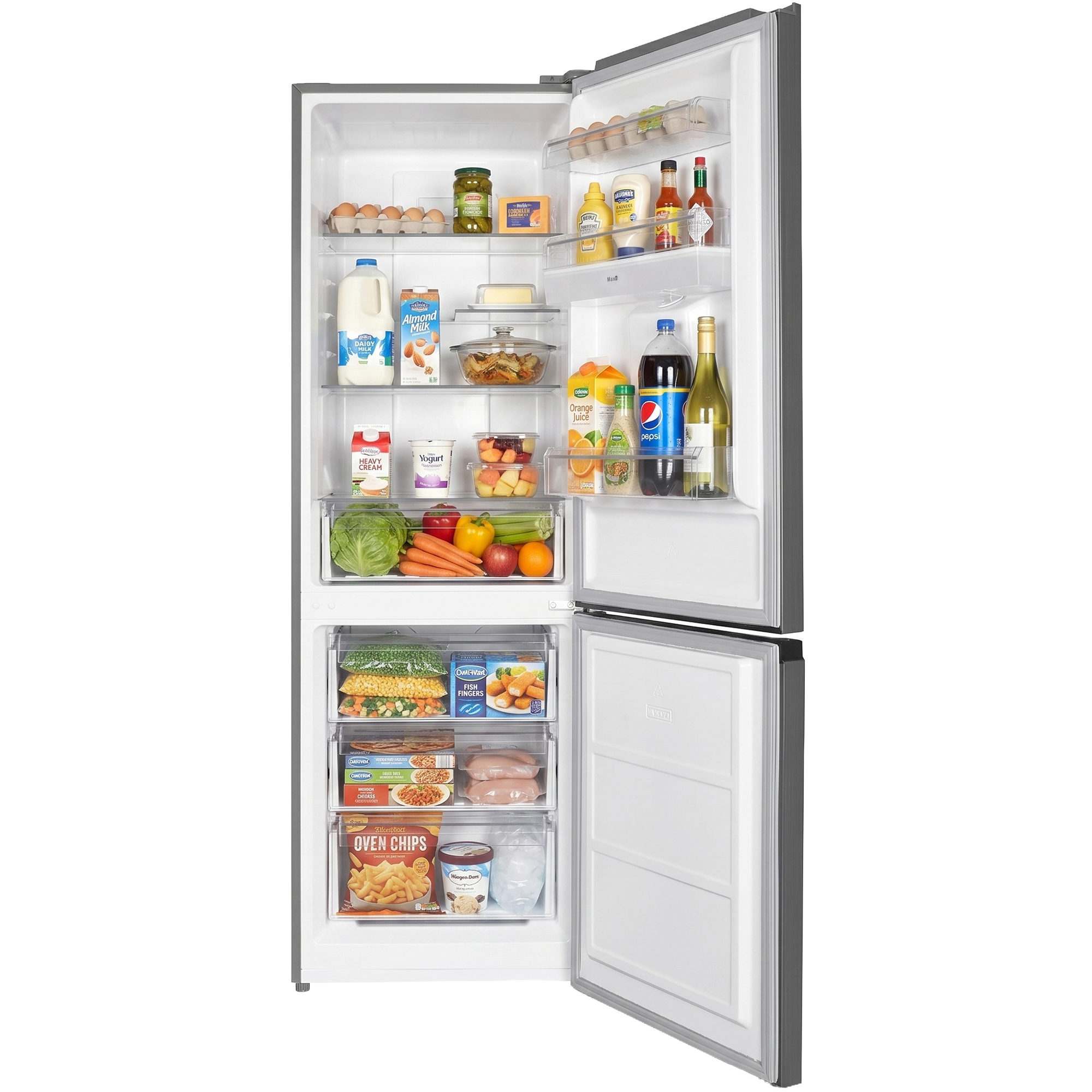 Offener Kühlschrank mit Milch, Eiern, Gemüse, Saft, Pepsi, Wein und Tiefkühlkost.