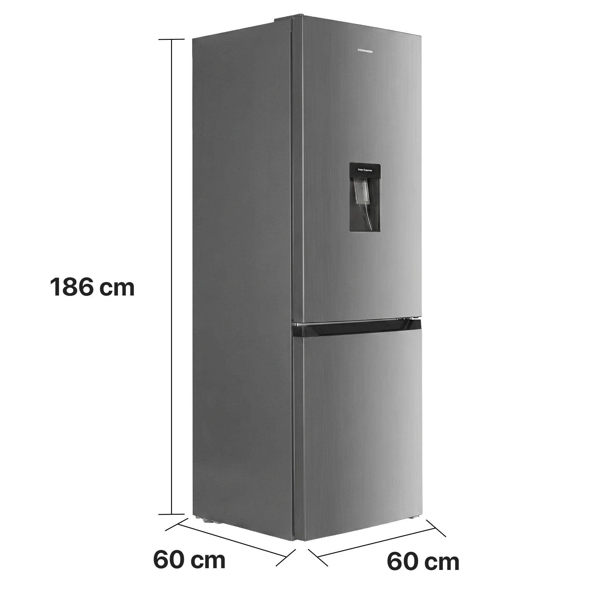 Ein silberner Kühlschrank mit Wasserspender, 186cm hoch, 60cm breit und 60cm tief.
