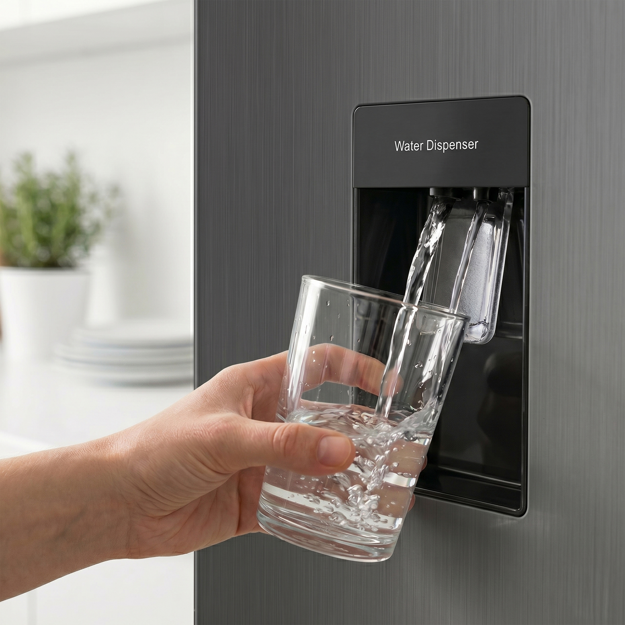 Eine Hand füllt ein Glas mit Wasser aus einem Wasserspender an einem Kühlschrank.