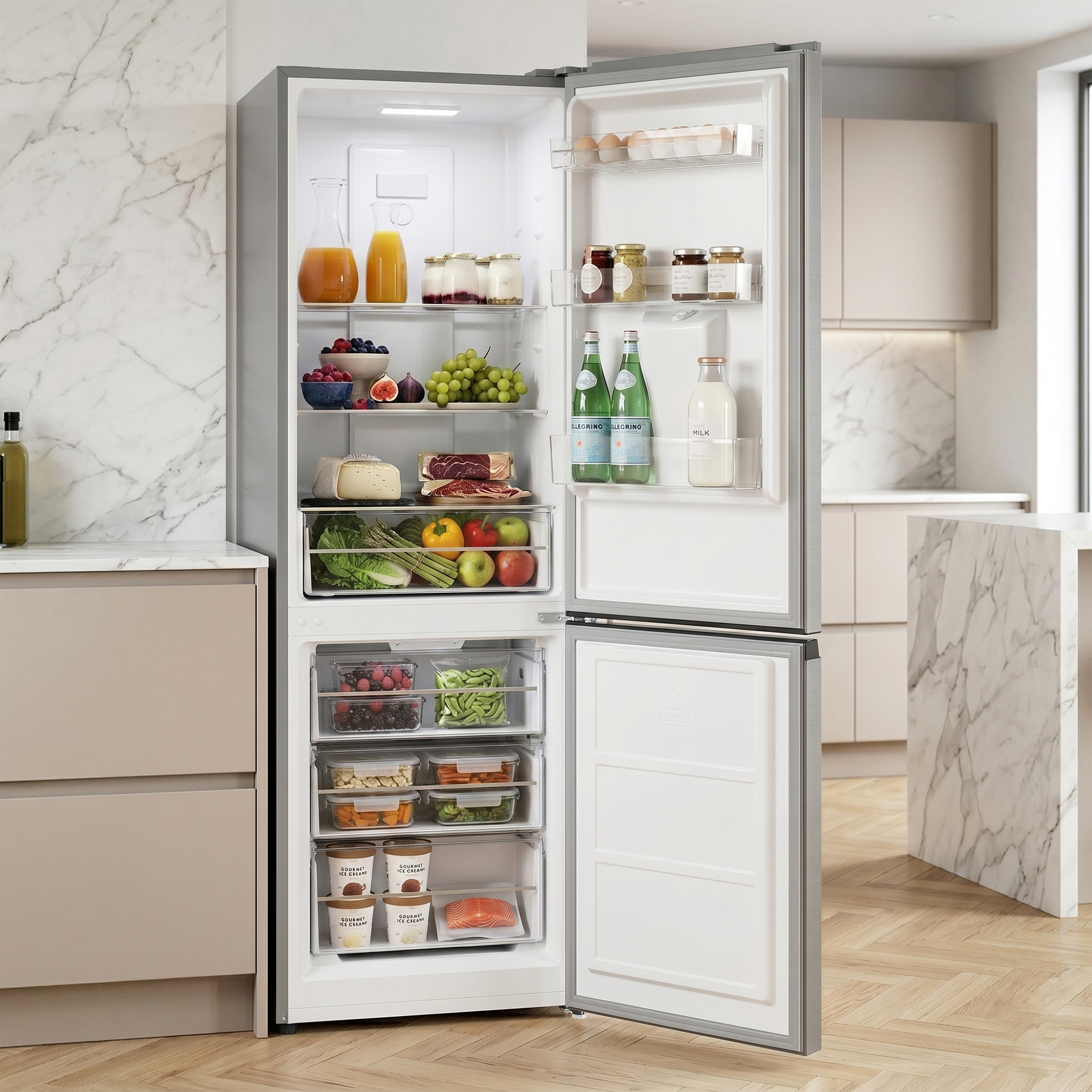 Ein offener Kühlschrank mit Lebensmitteln wie Obst, Gemüse, Eiern, Käse und Eiscreme.