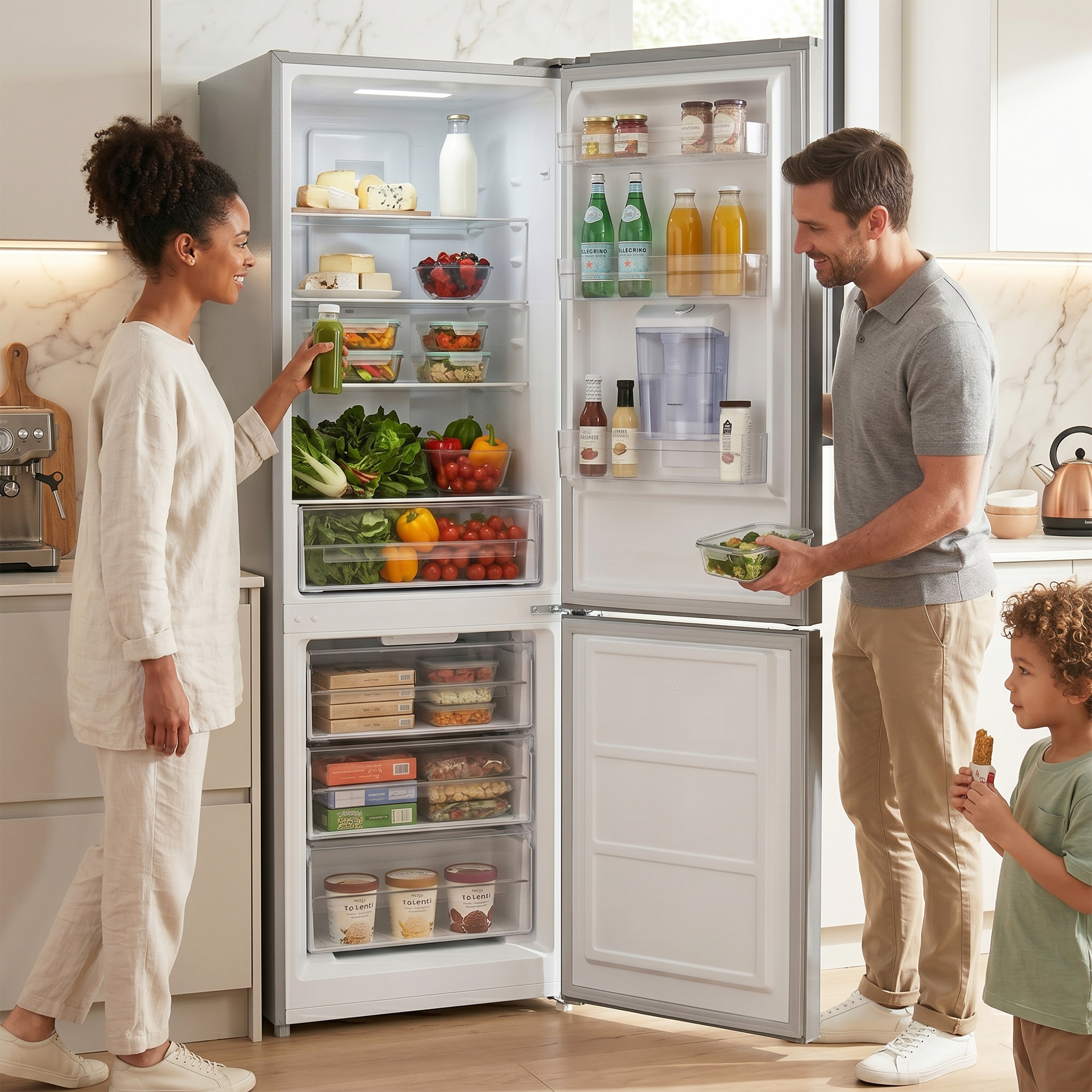 Familie an einem offenen Kühlschrank mit Lebensmitteln.
