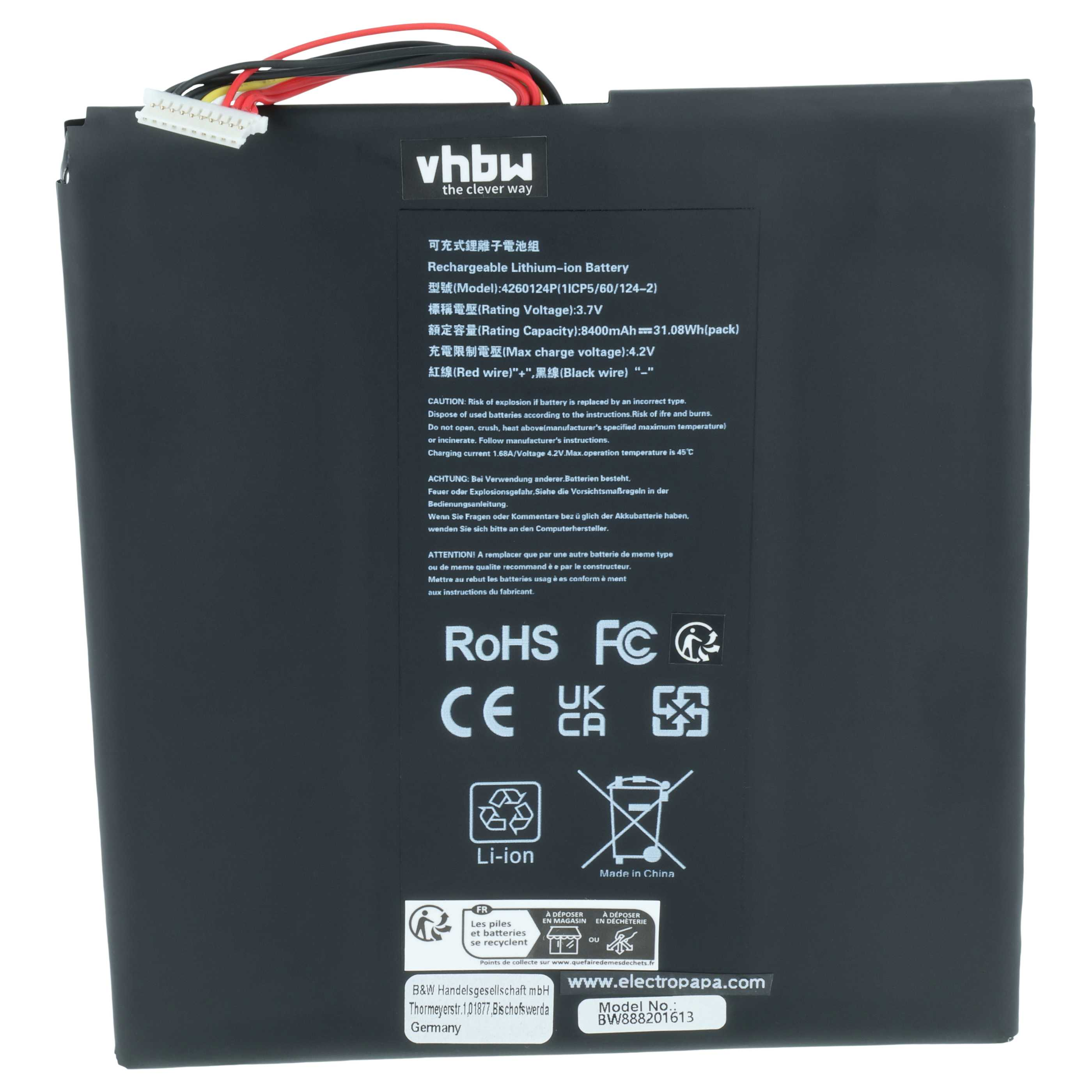 Schwarzer Lithium-Ionen-Akku mit weißen Aufschriften, Kabeln und Zertifizierungslogos.