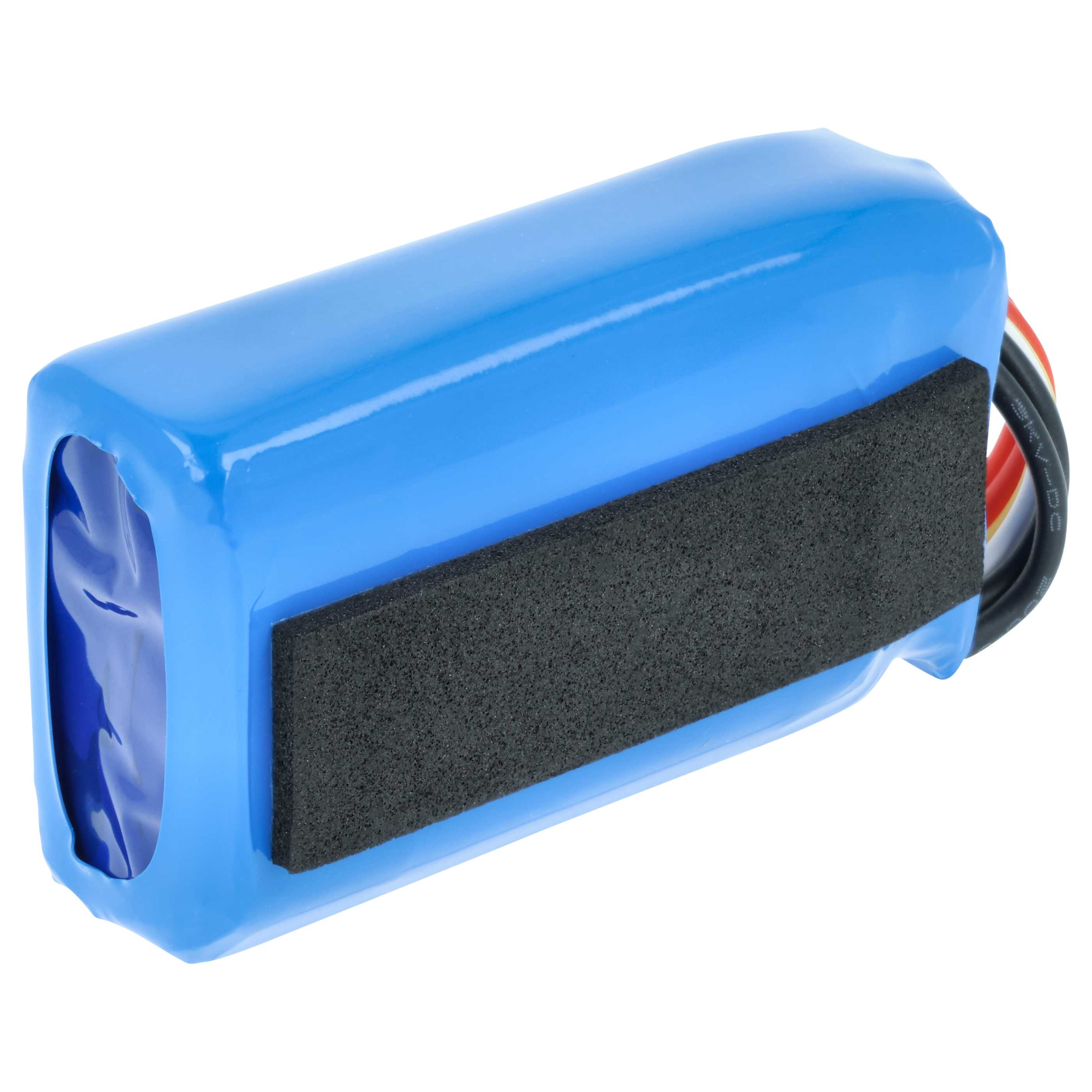 Ein blauer Akku mit schwarzem Schaumstoffband und Kabeln.