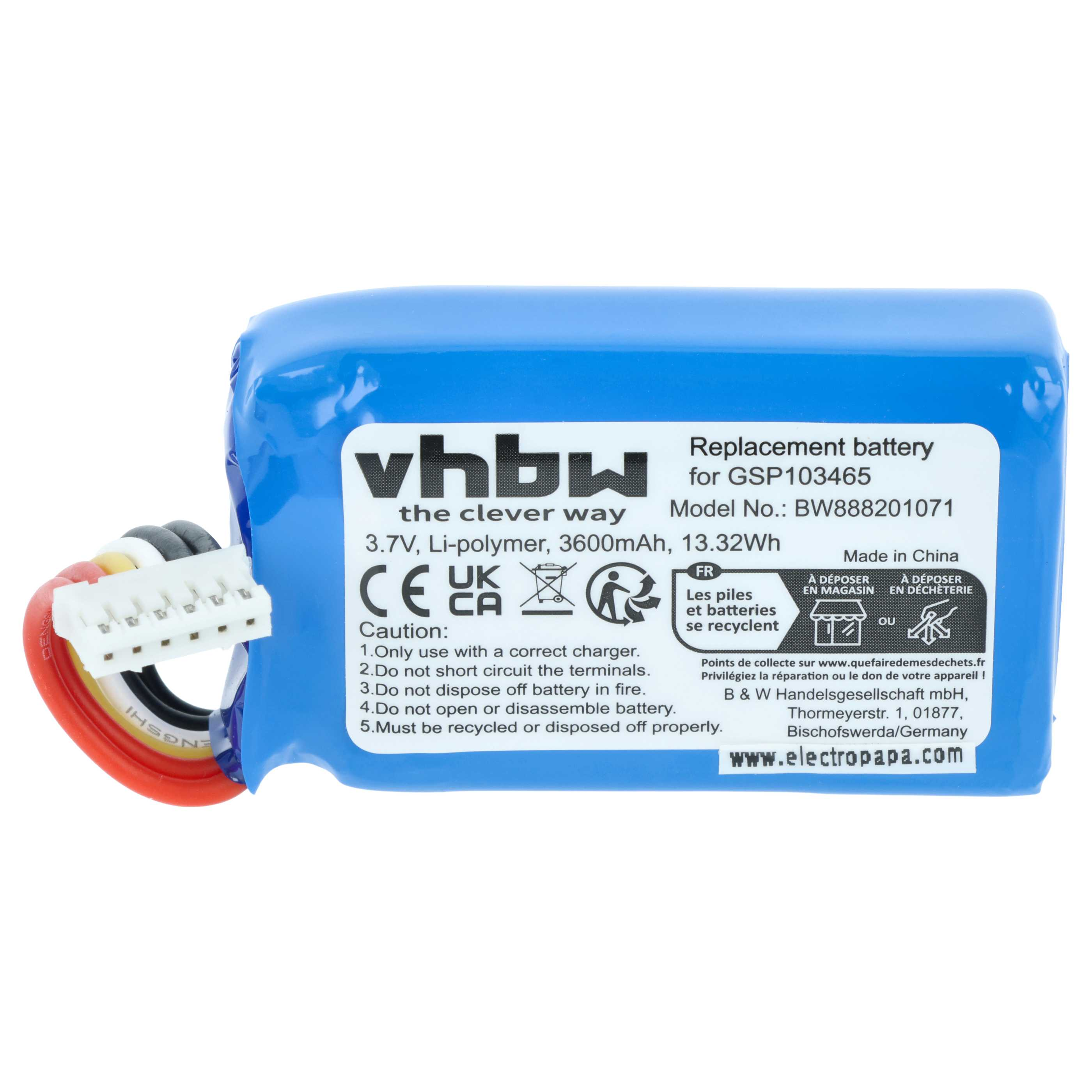 Blauer Li-Polymer Akku 3.7V, 3600mAh mit Kabel und Stecker. Modell GSP103465.