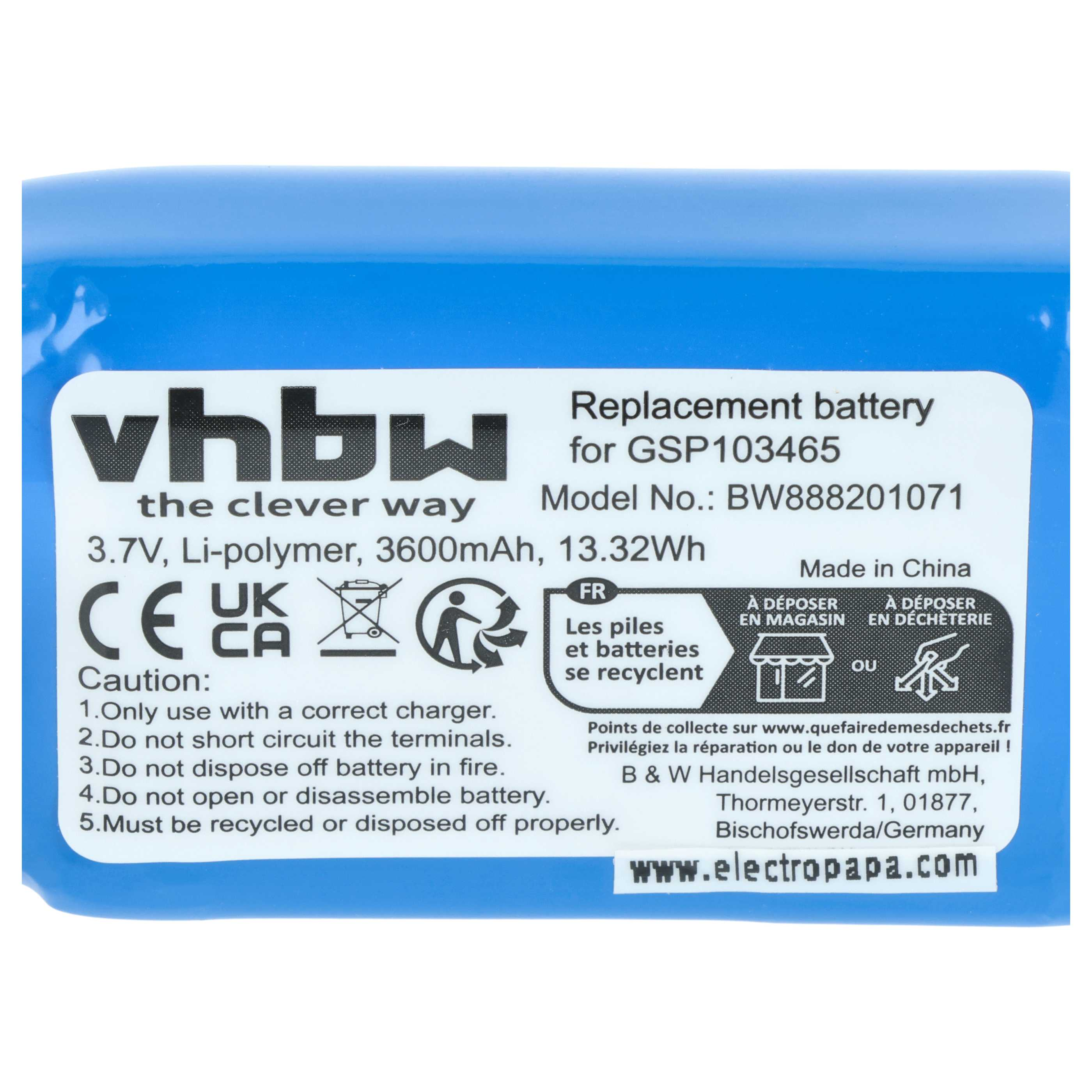 Blauer Akku mit Aufschriften: vhbw, 3.7V Li-Polymer, GSP103465, Made in China.
