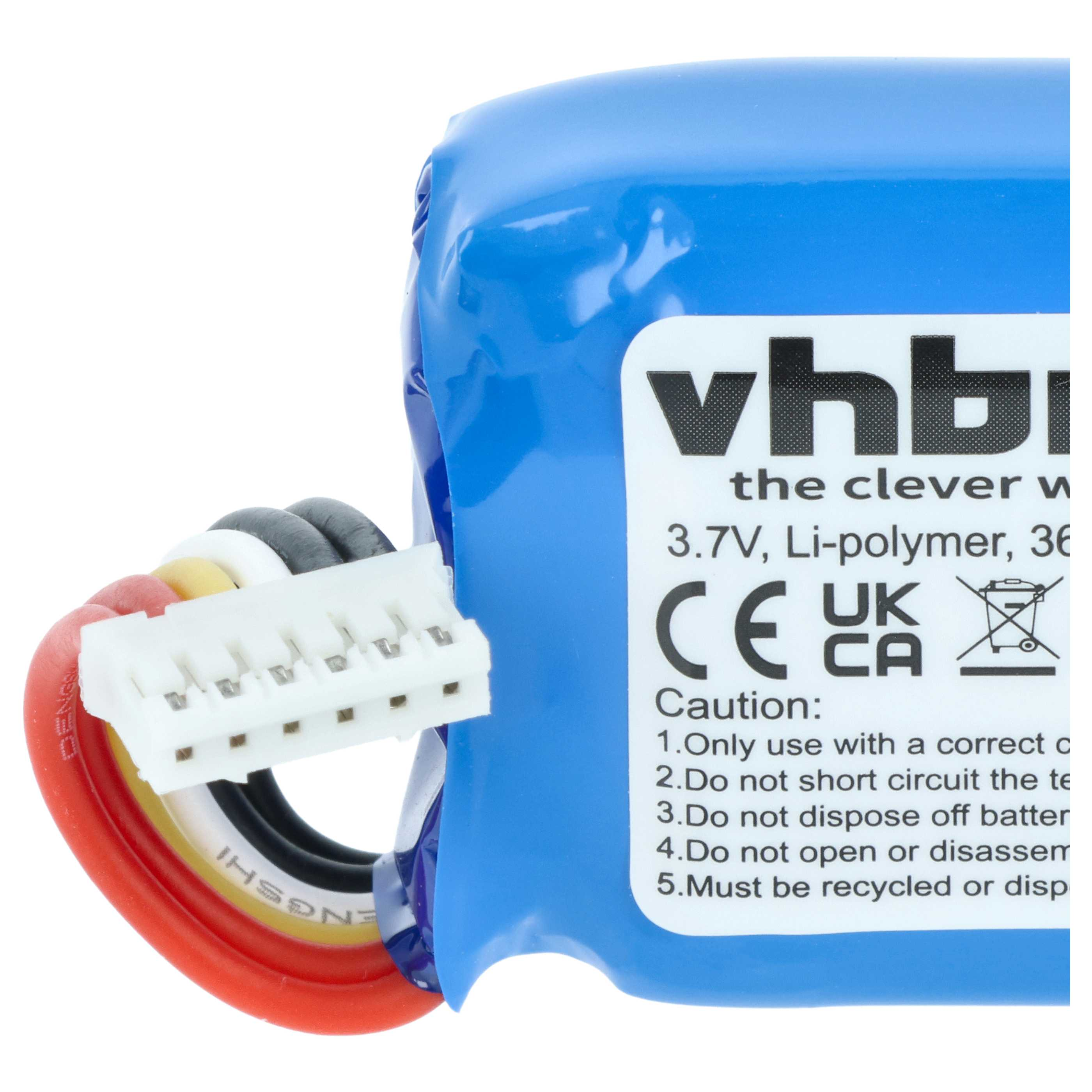 Blauer Lithium-Polymer-Akku mit weißem Anschluss und farbigen Kabeln.