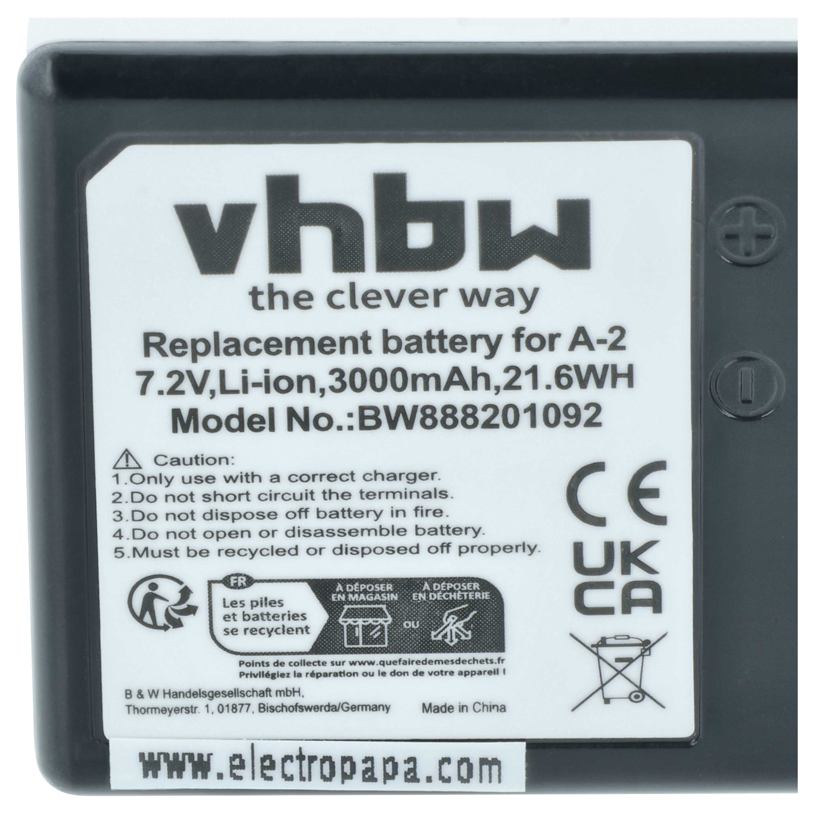 Ersatzakku für A-2, 7.2V, Li-Ion, 3000mAh, 21.6WH. Mit Warnhinweisen.