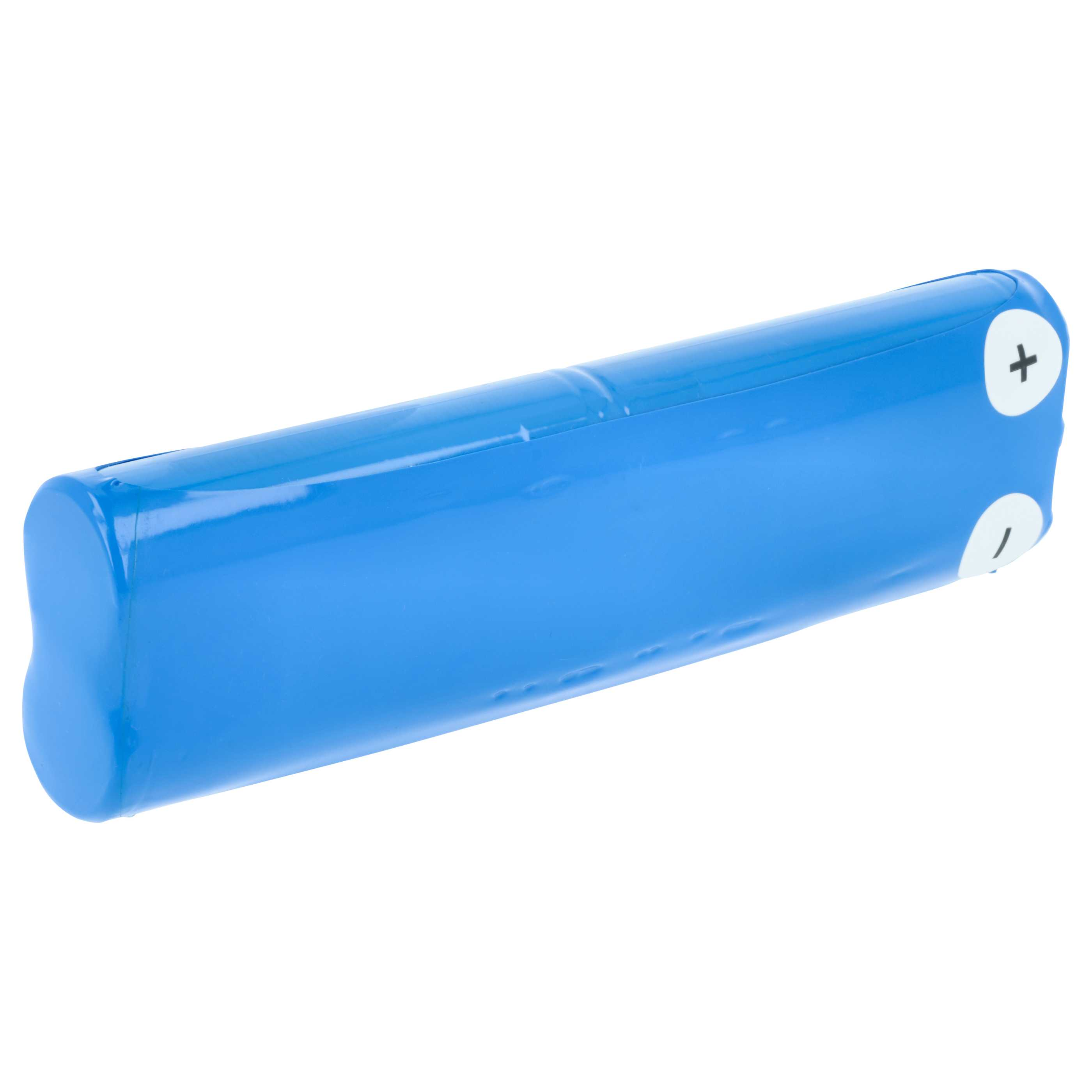 Eine blaue zylindrische Batterie mit Plus- und Minuszeichen.
