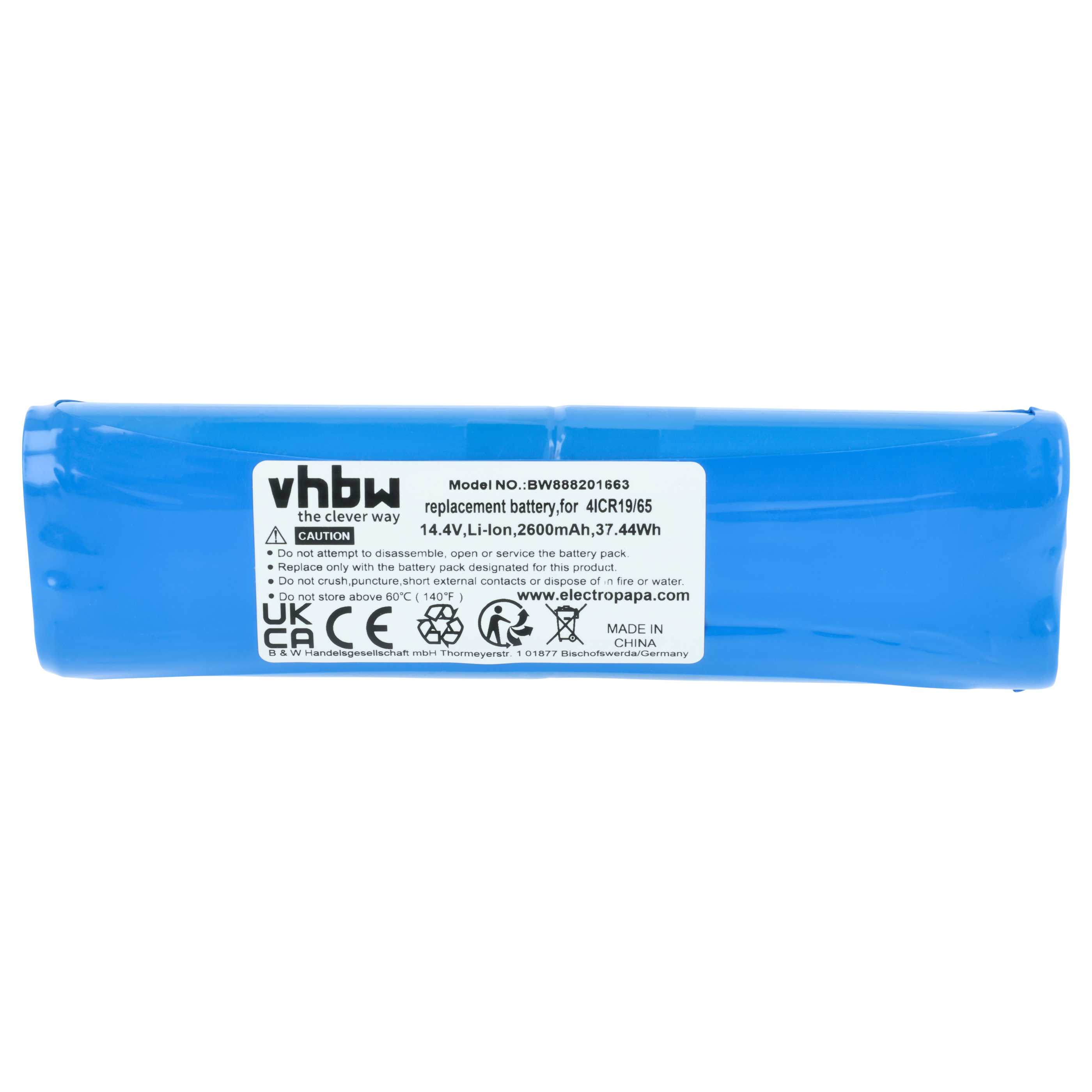 Blauer Akku mit Aufkleber: Modell BW888201663, 14.4V Li-Ion, 2600mAh.