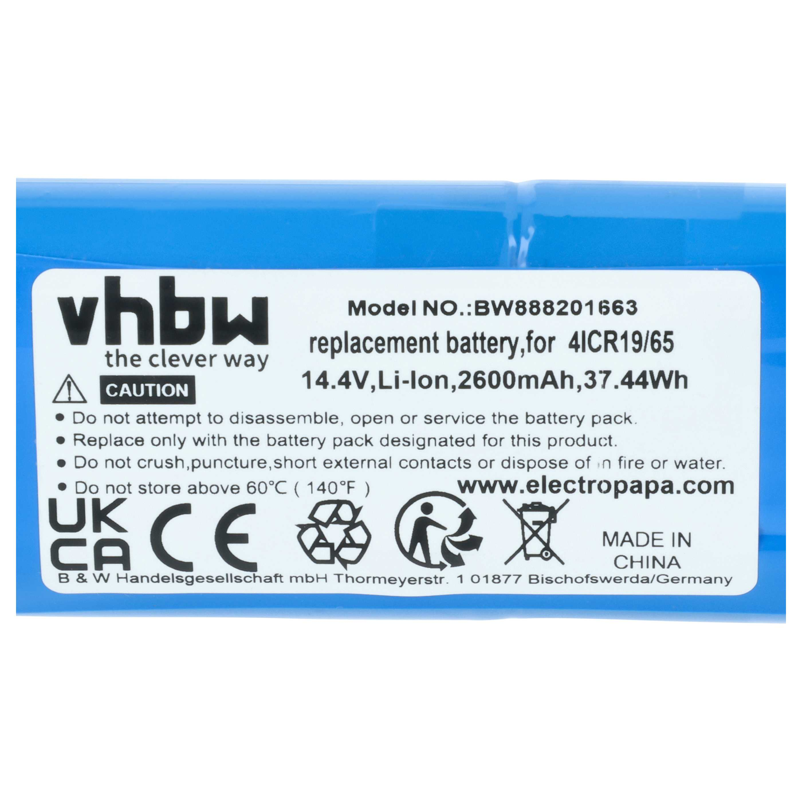 Ein blaues Akkupack mit weißem Etikett, Modell BW888201663, 14,4V, Li-Ion.