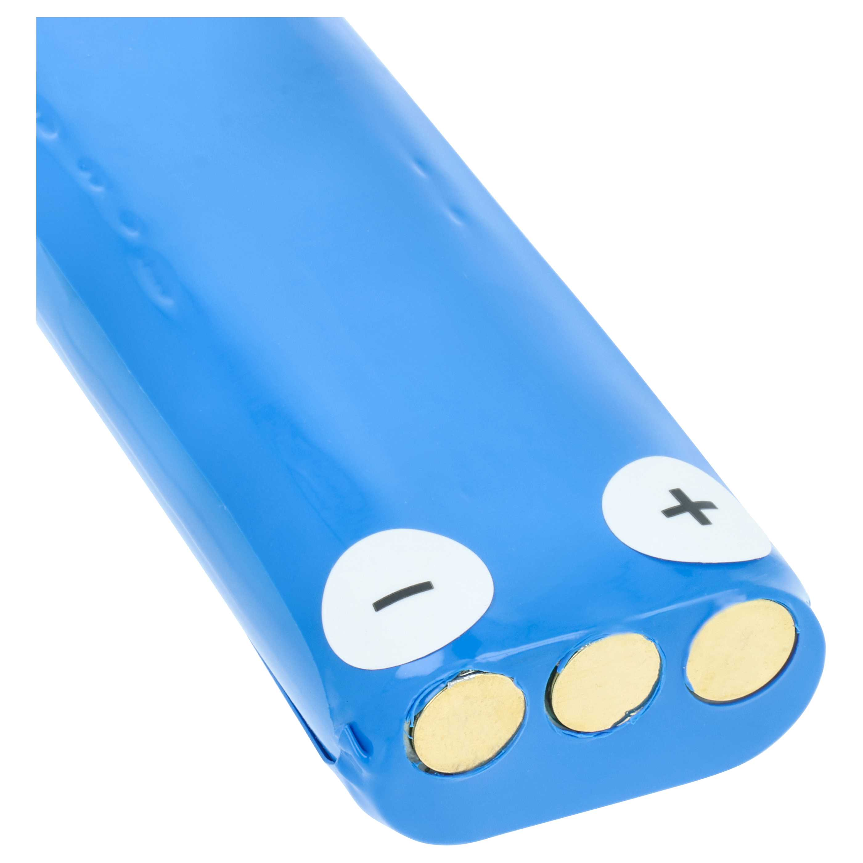 Eine blaue Batterie mit Plus- und Minuszeichen und drei goldenen Kontakten.
