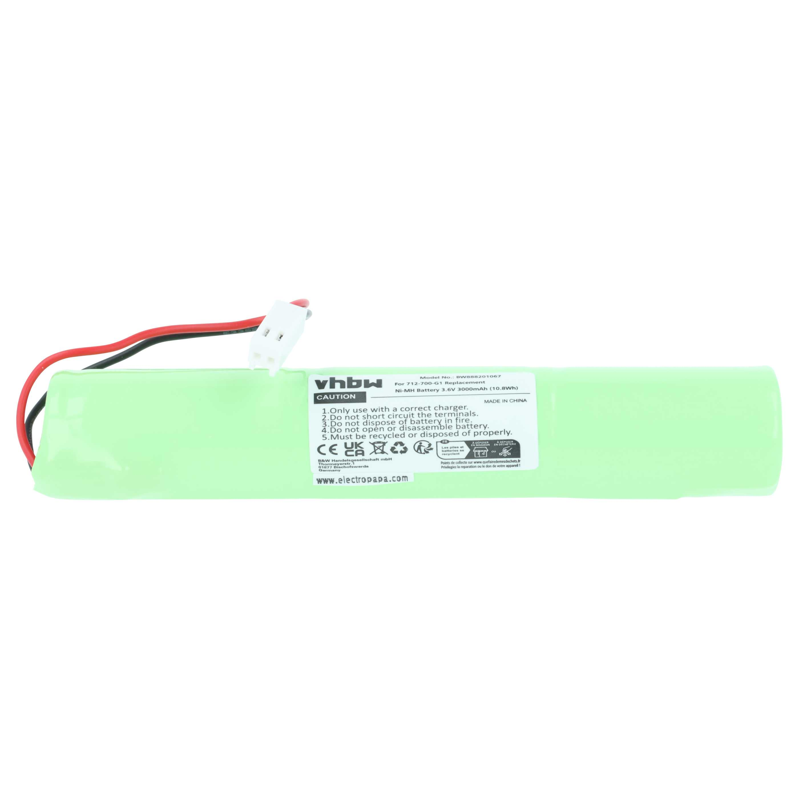 Grüne Ni-MH Batterie 3.6V 3000mAh mit roten und schwarzen Kabeln und weißem Stecker.