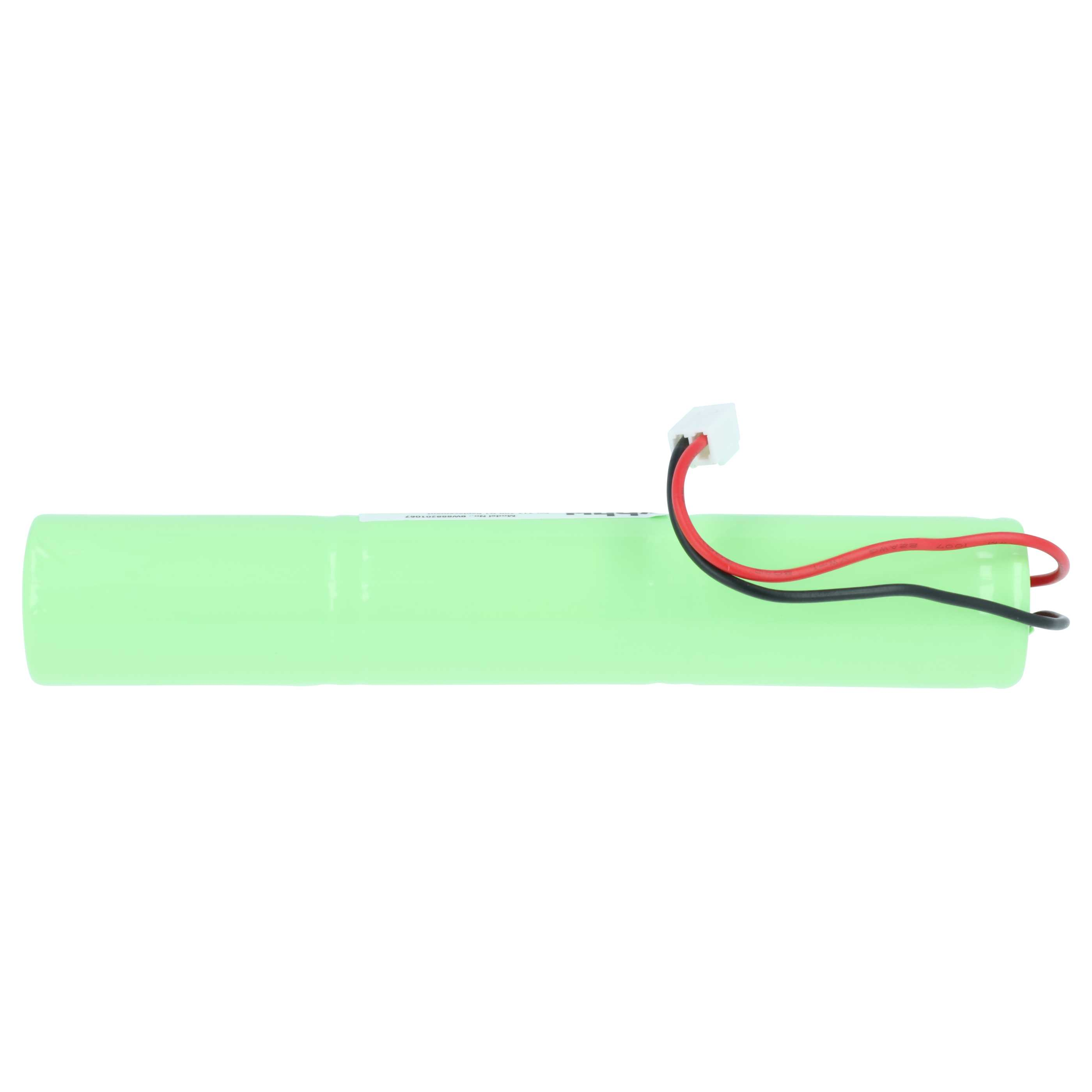 Grüne Batterie mit roten und schwarzen Kabeln, weißer Stecker.