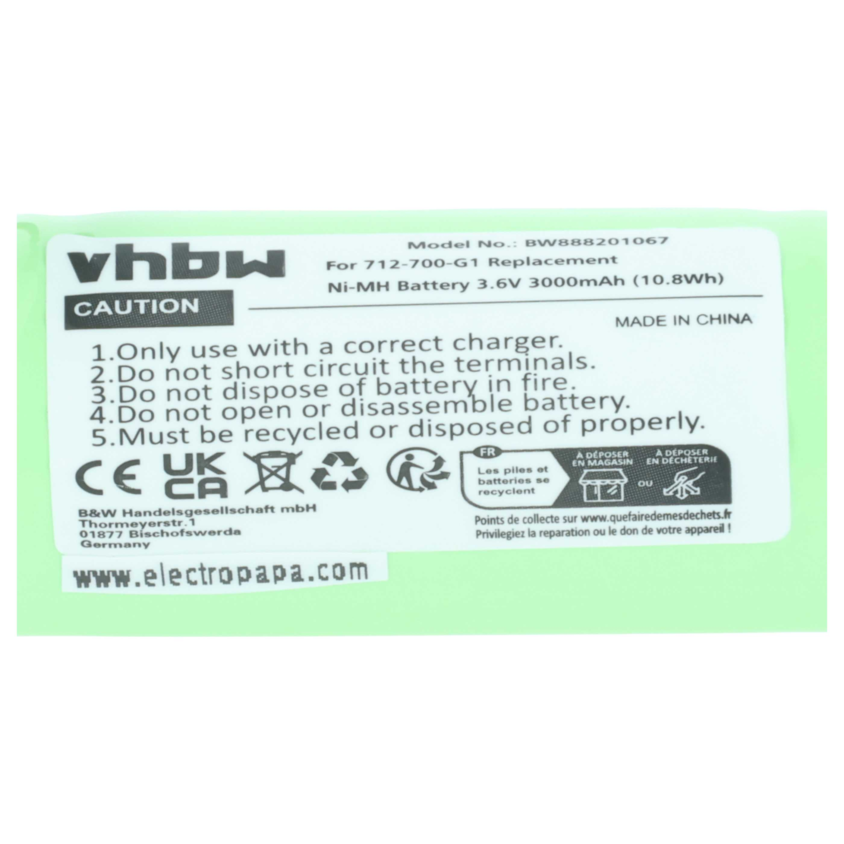 vhbw Ni-MH Akku 3.6V 3000mAh, Modell BW888201067. Vorsicht, Made in China.