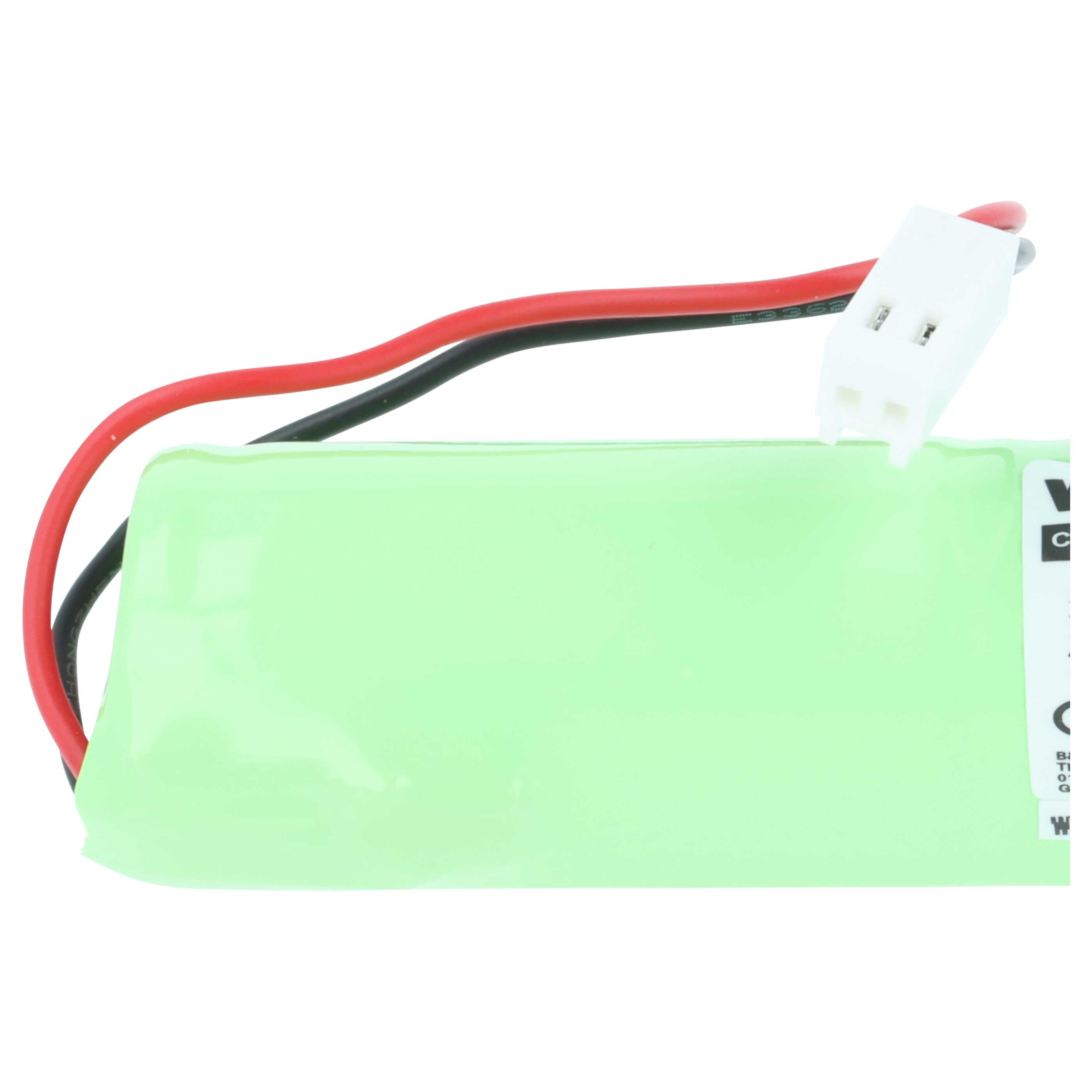 Grüner Akku mit roten und schwarzen Drähten, weißer Stecker.