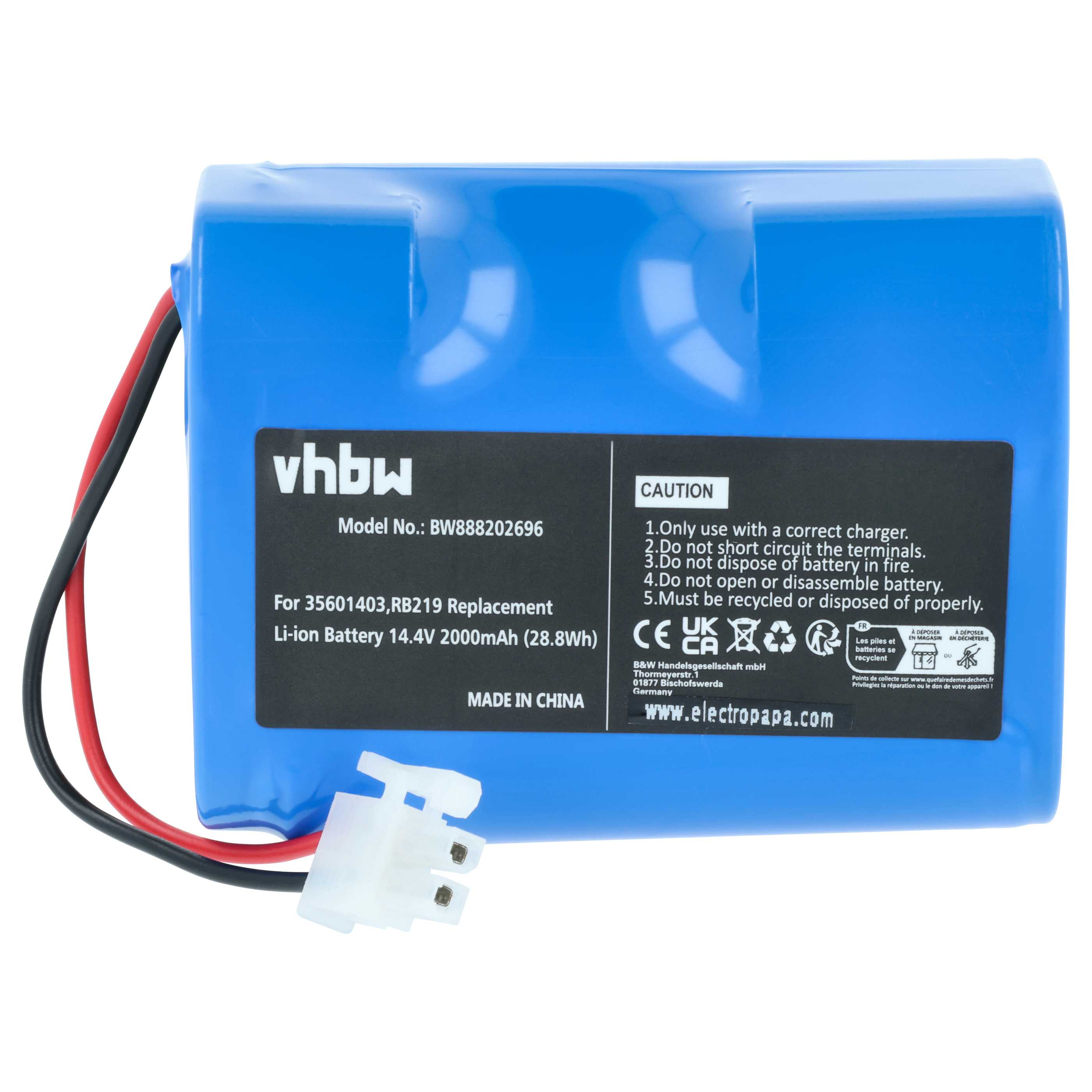 Blauer Li-Ion Akku mit Kabeln und Stecker. Modell BW888202696.