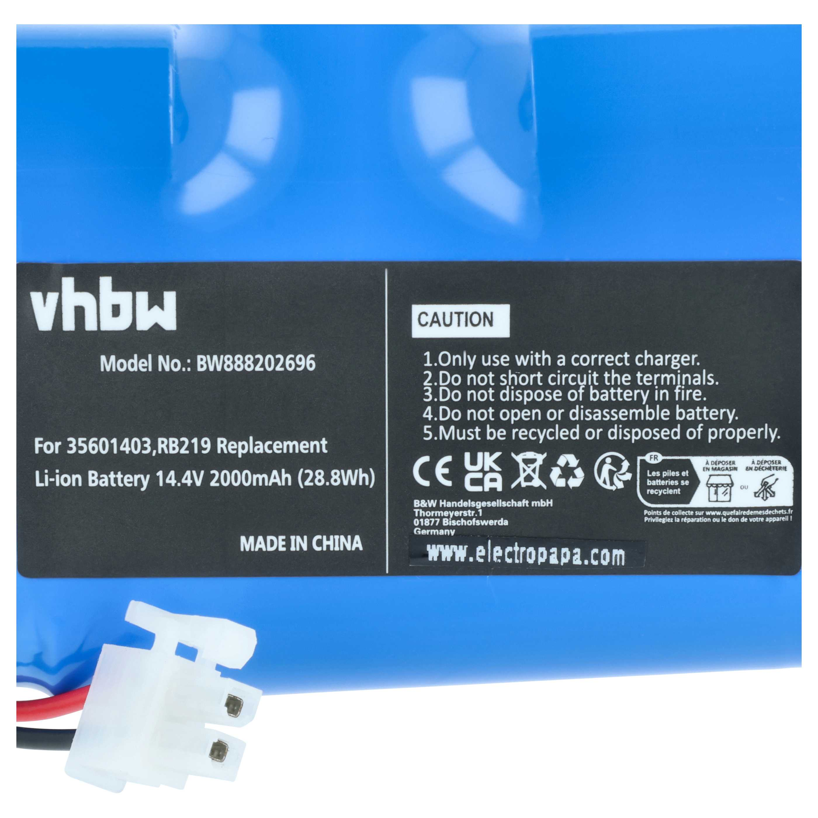 Blauer Li-Ionen-Akku mit Warnhinweisen und Modellnummer BW888202696.