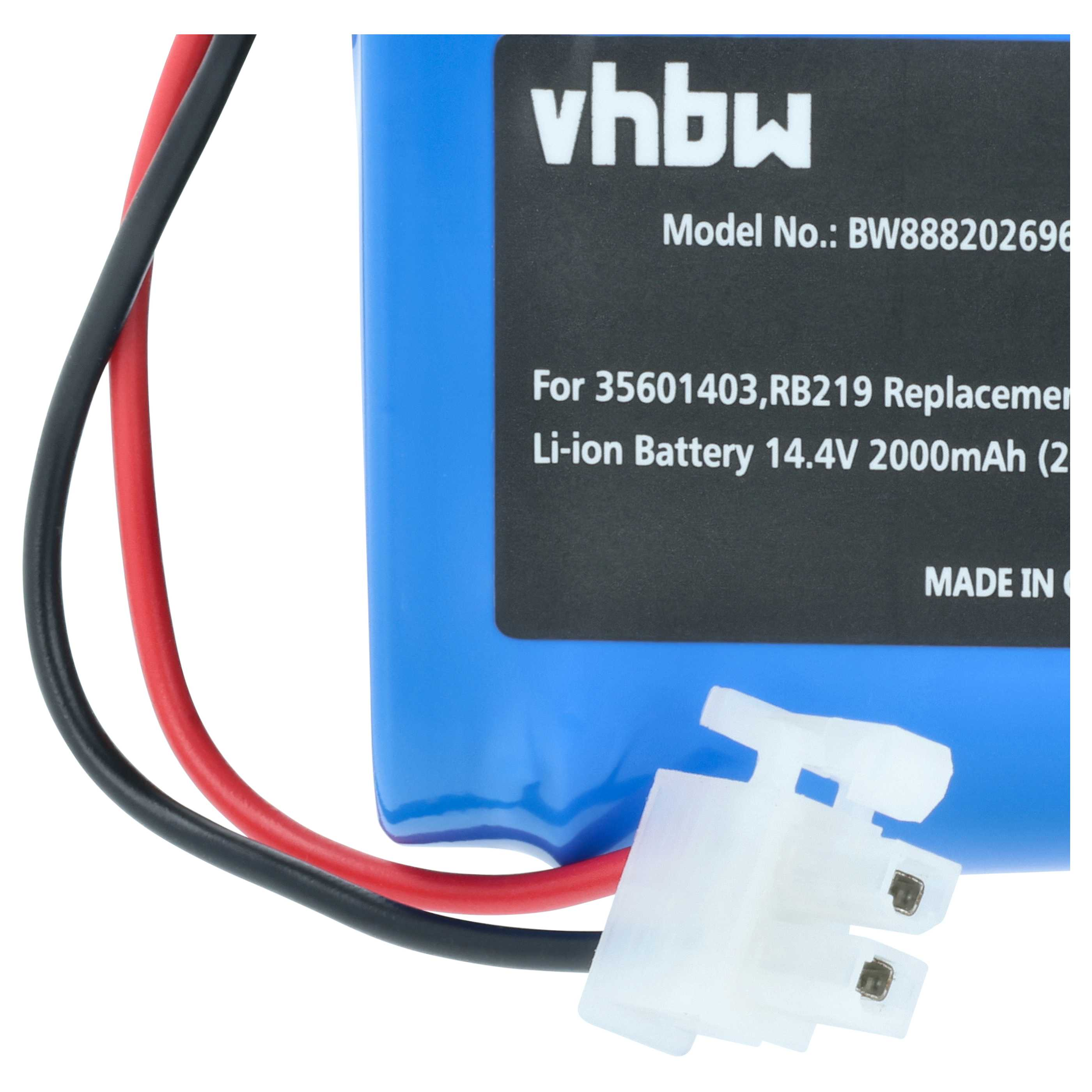 Blauer Akku mit schwarzen und roten Kabeln und weißem Stecker. Modell BW888202696.