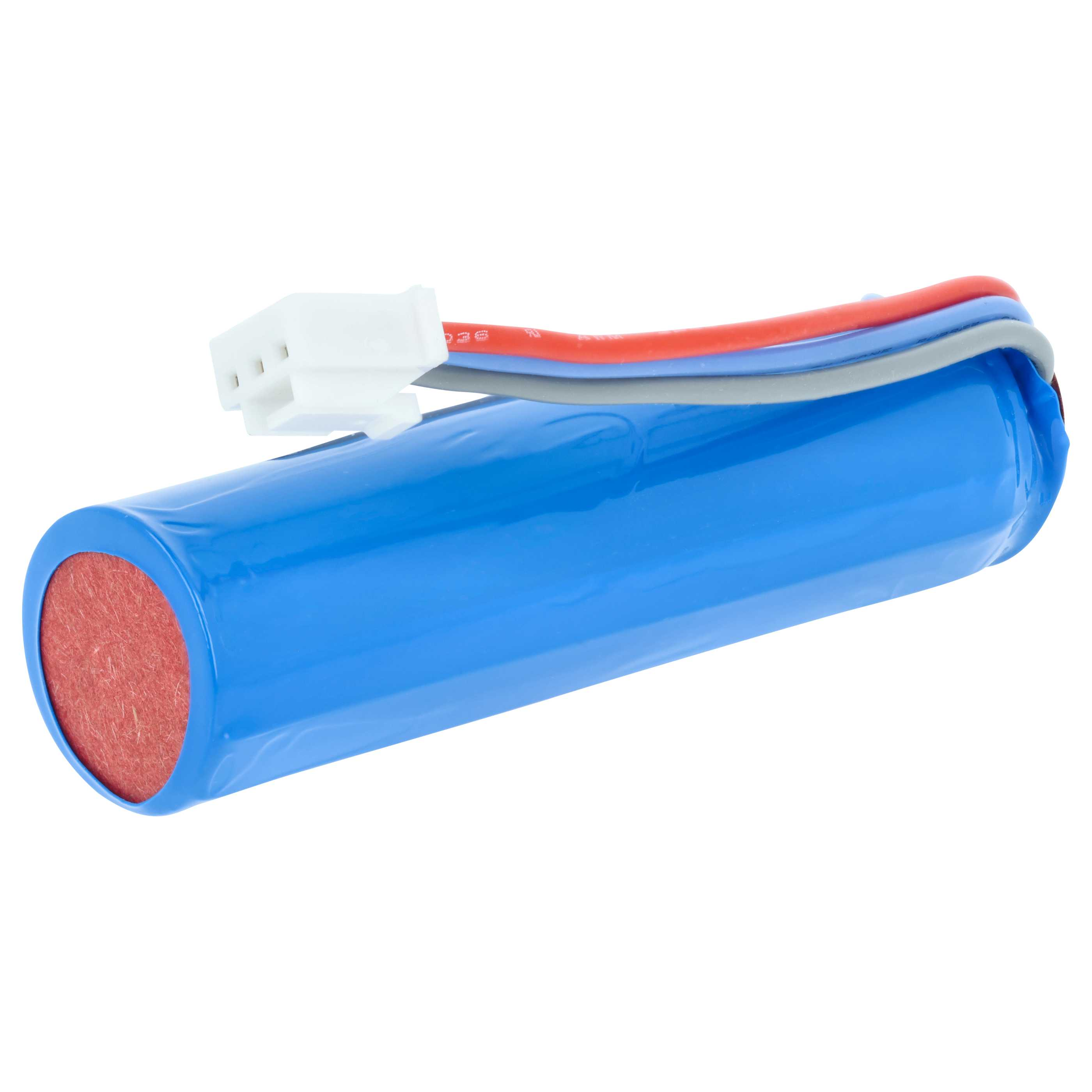 Blaue zylindrische Batterie mit roter Endkappe und weißem Stecker mit roten, blauen, grauen Kabeln.