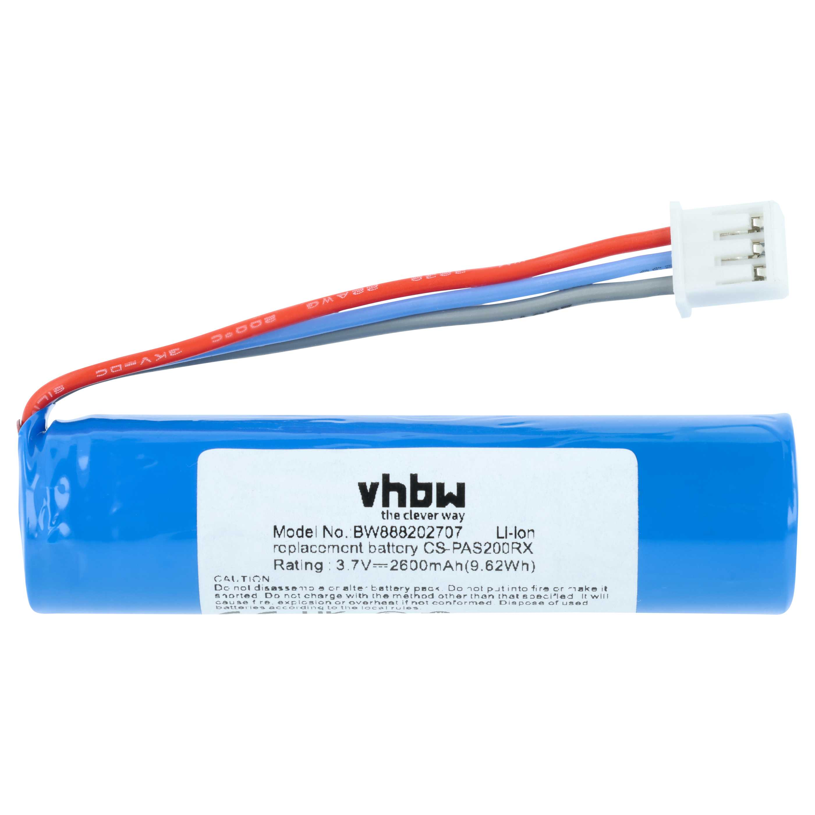 Ein blaues Li-Ion-Akku-Pack von vhbw mit Kabeln und Stecker.