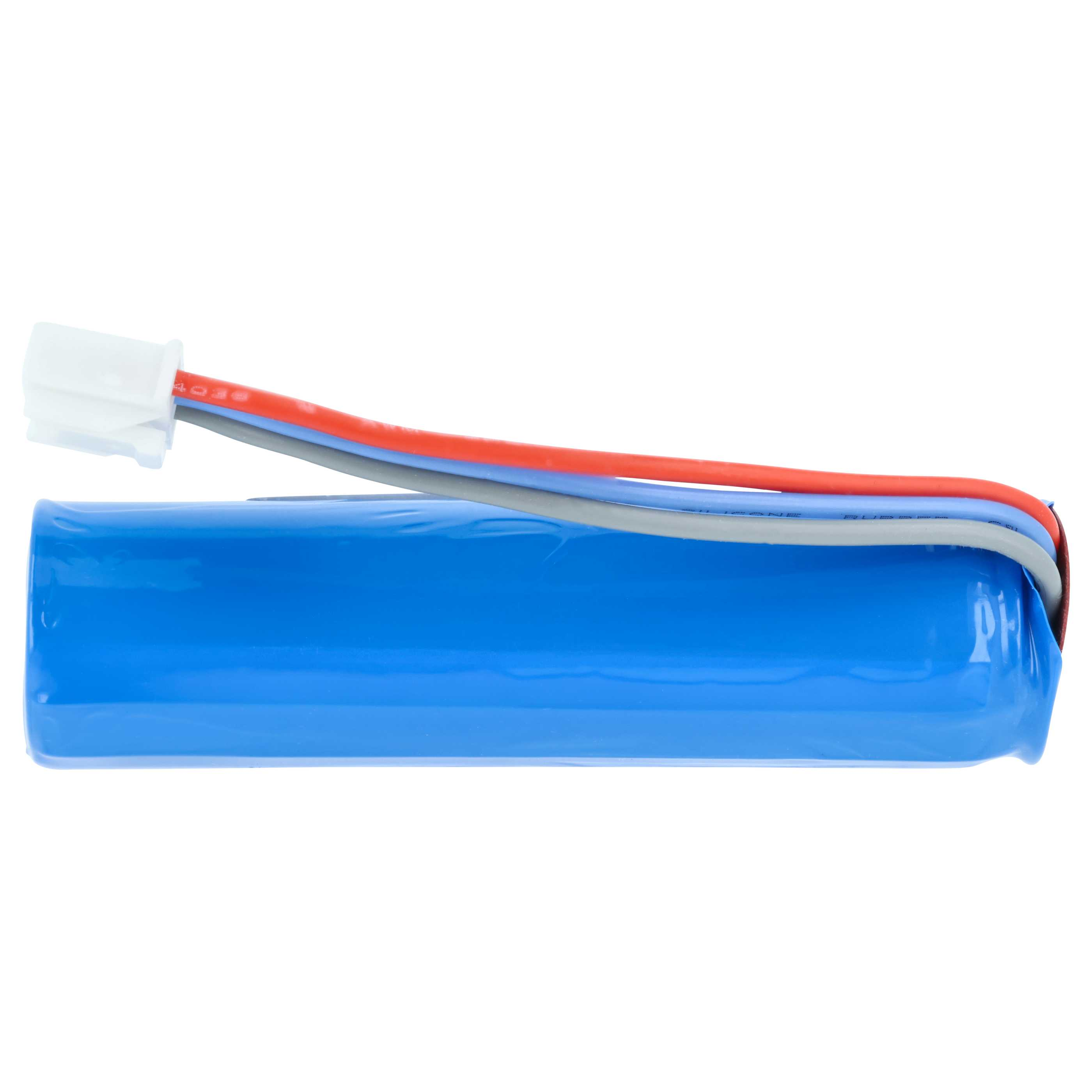 Ein blauer Akku mit drei Kabeln: rot, grau und blau, und einem weißen Stecker.