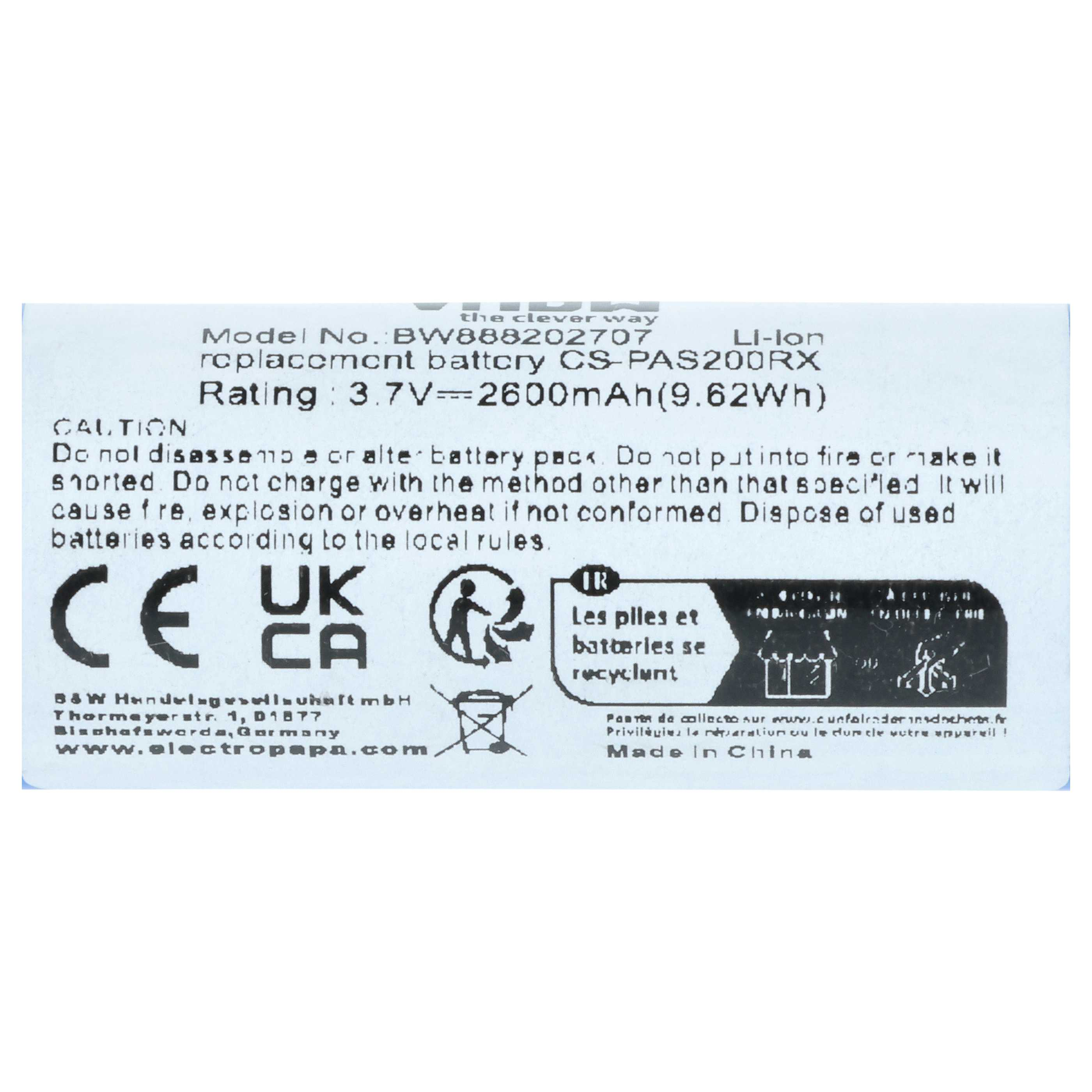 Etikett einer Li-Ion-Batterie, Modell BW888202707, 3,7V, 2600mAh.