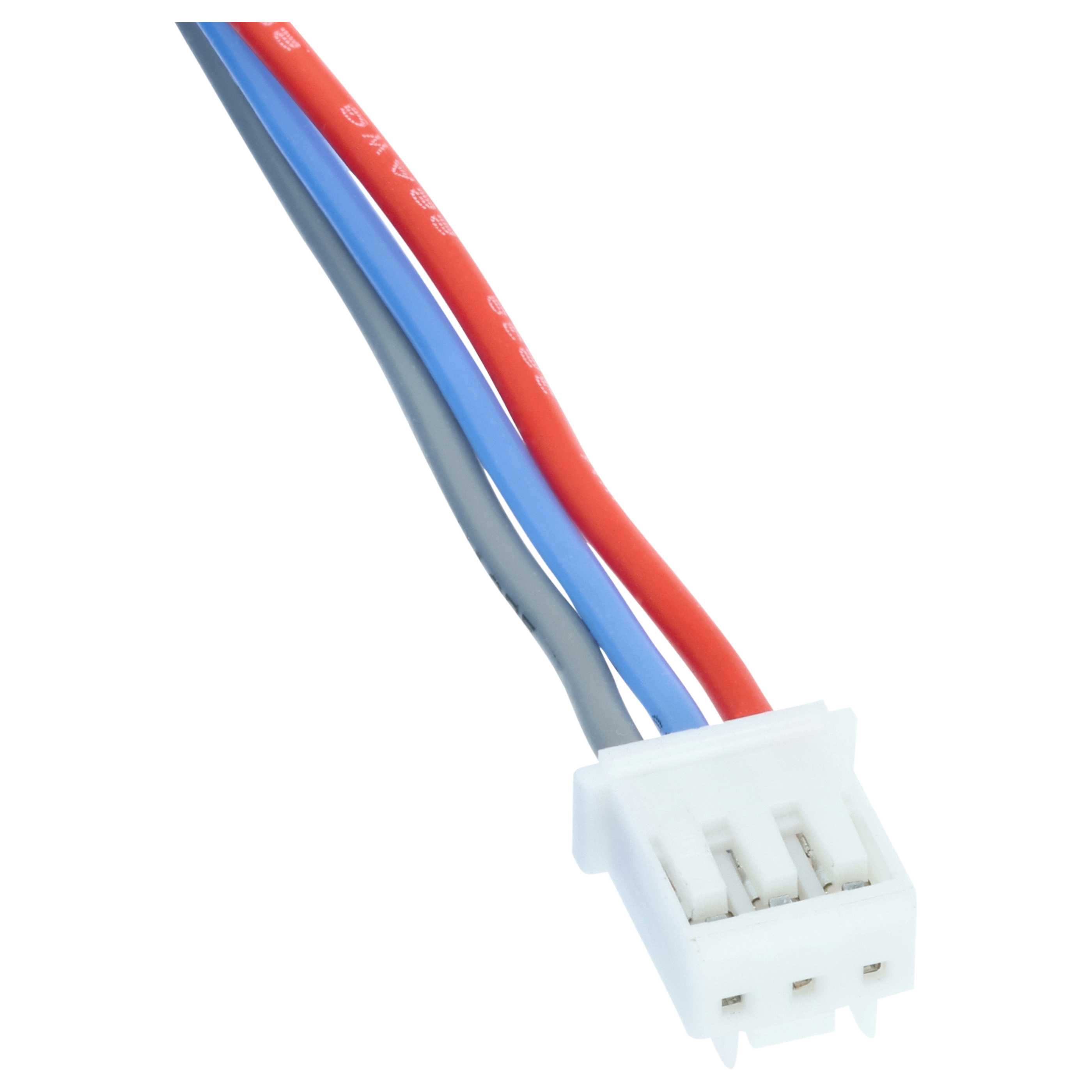 Ein weißer Stecker mit drei Kabeln: rot, blau und grau.