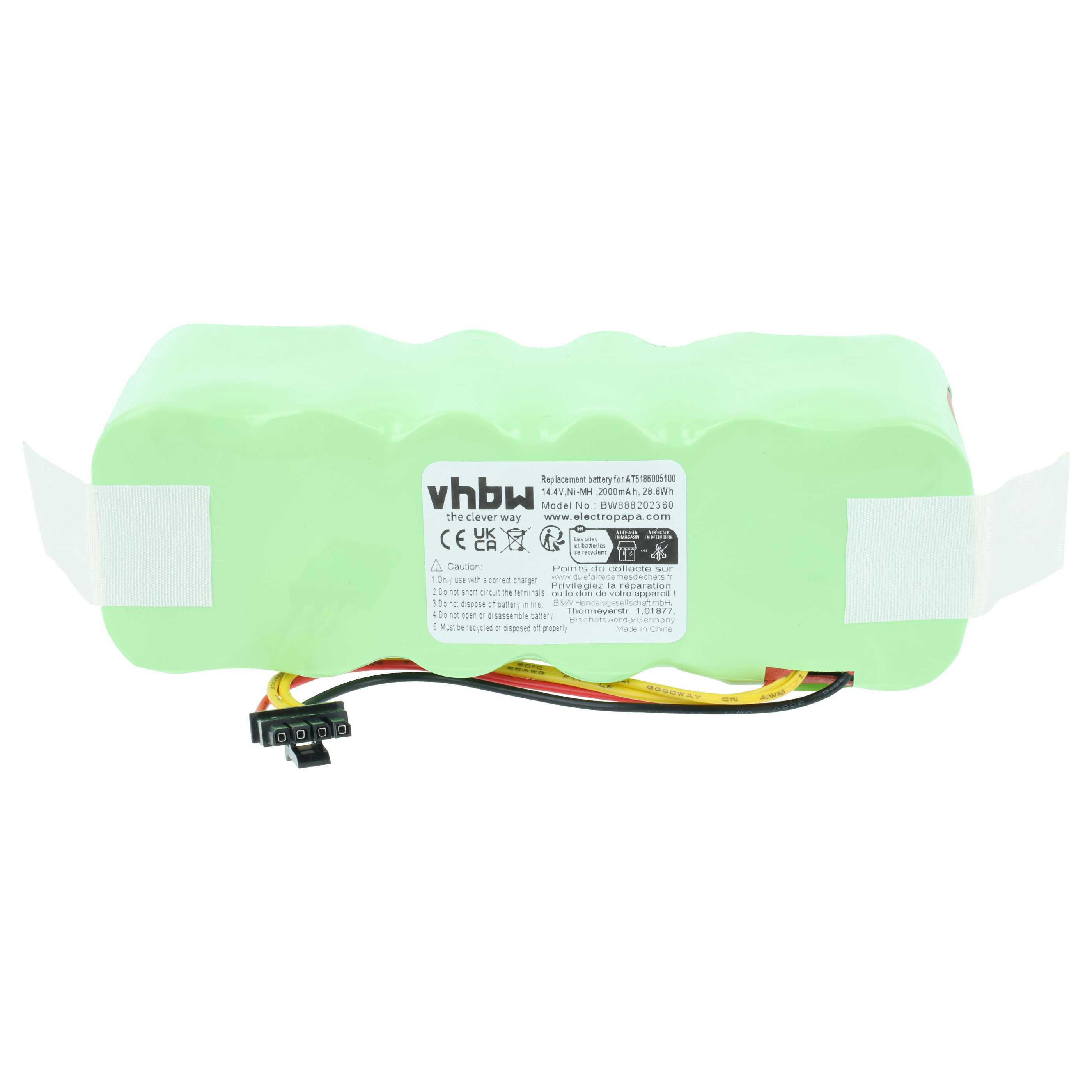 Grüne Ni-MH-Batterie mit Kabeln und Stecker. Vhbw-Logo und Warnhinweise.