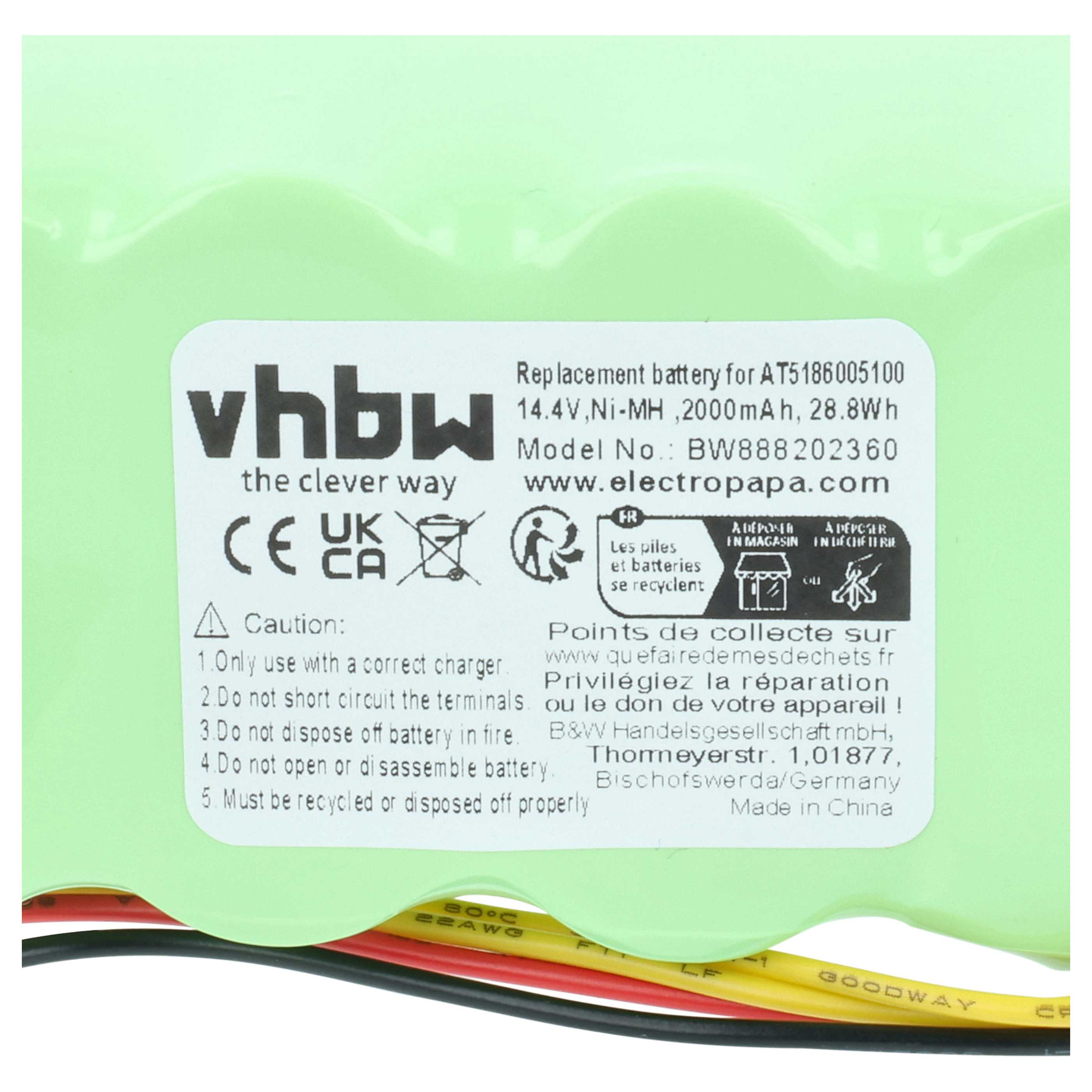 VHBW Ersatzakku 14,4V, Ni-MH, 2000mAh, 28,8Wh. Vorsichtshinweise aufgedruckt.
