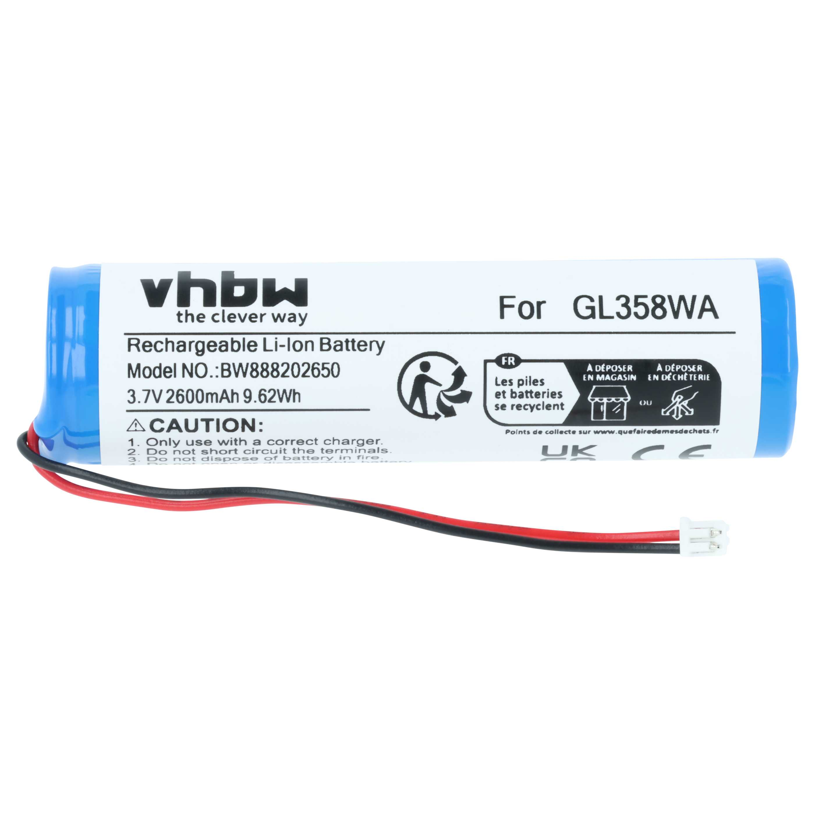 Eine blaue vhbw Li-Ion Batterie für GL358WA mit Kabeln.