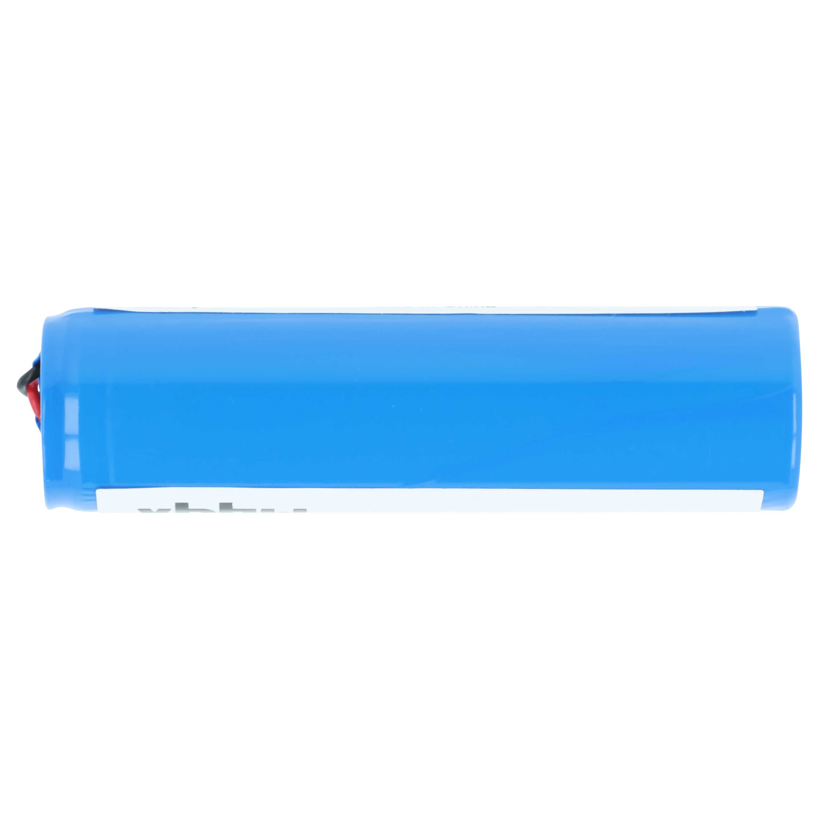 Eine blaue Batterie mit roten und schwarzen Kabeln, isoliert auf Weiß.