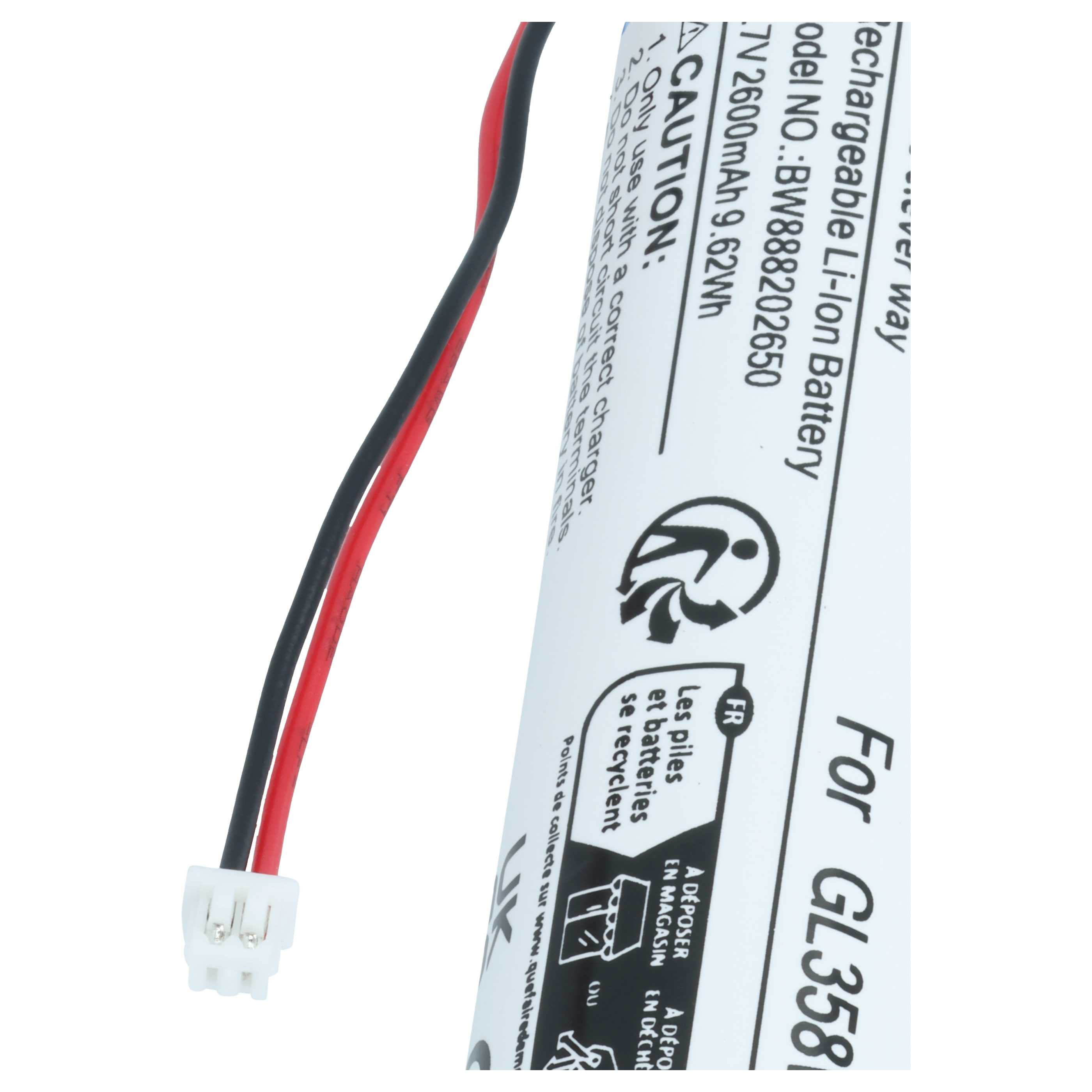 Wiederaufladbare Li-Ion-Batterie mit rotem und schwarzem Kabel und weißem Stecker.