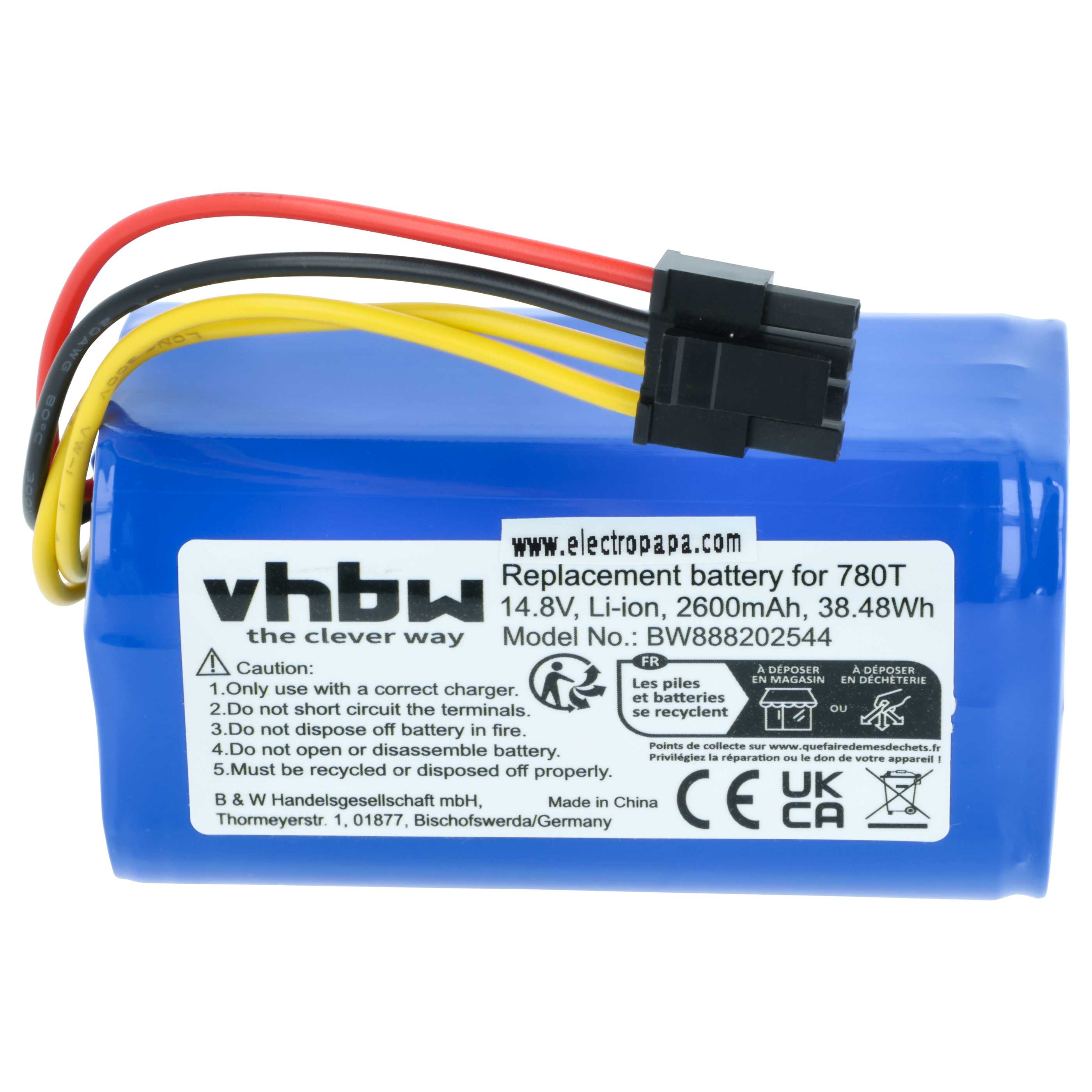 Blauer Lithium-Ionen-Akku mit schwarzen, roten und gelben Kabeln und einem Stecker.
