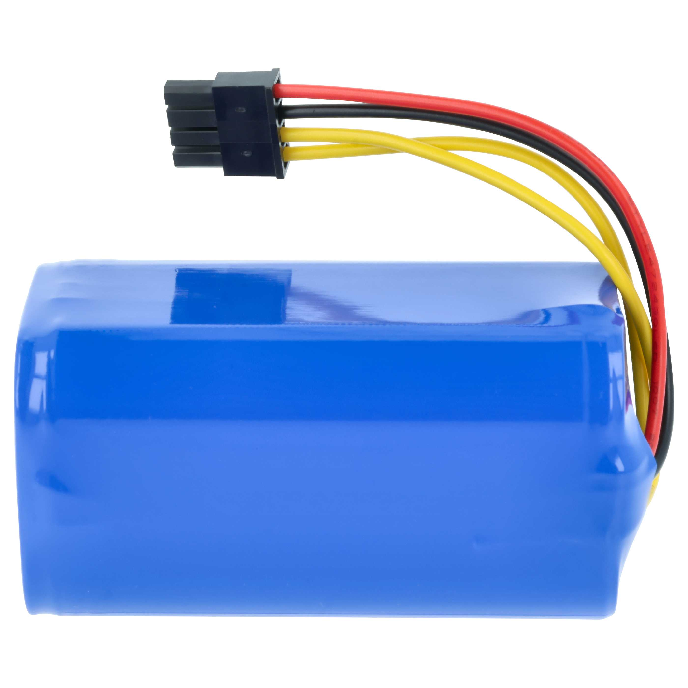 Eine blaue Batteriepackung mit roten, schwarzen und gelben Kabeln, die aus einem schwarzen Stecker kommen.