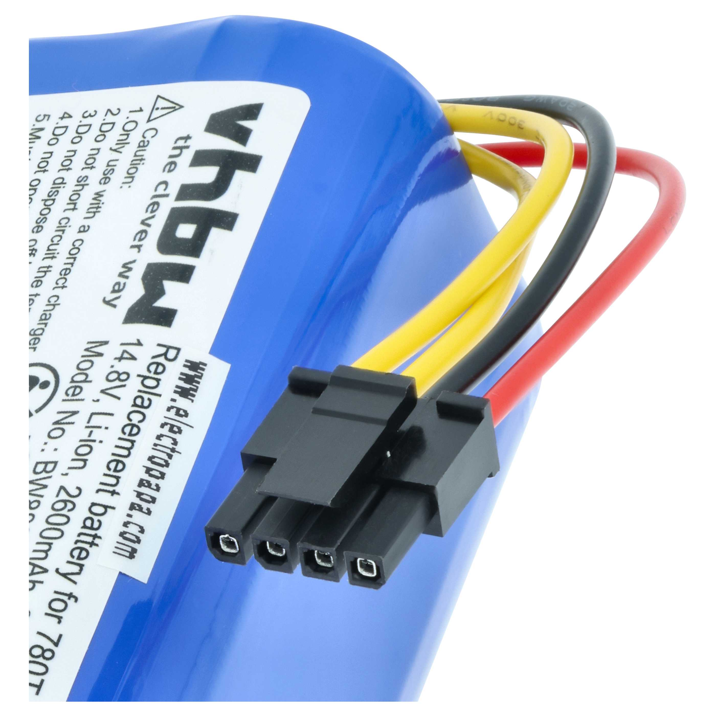 Ein blaues Akku mit drei Kabeln (gelb, schwarz, rot) und einem Stecker.