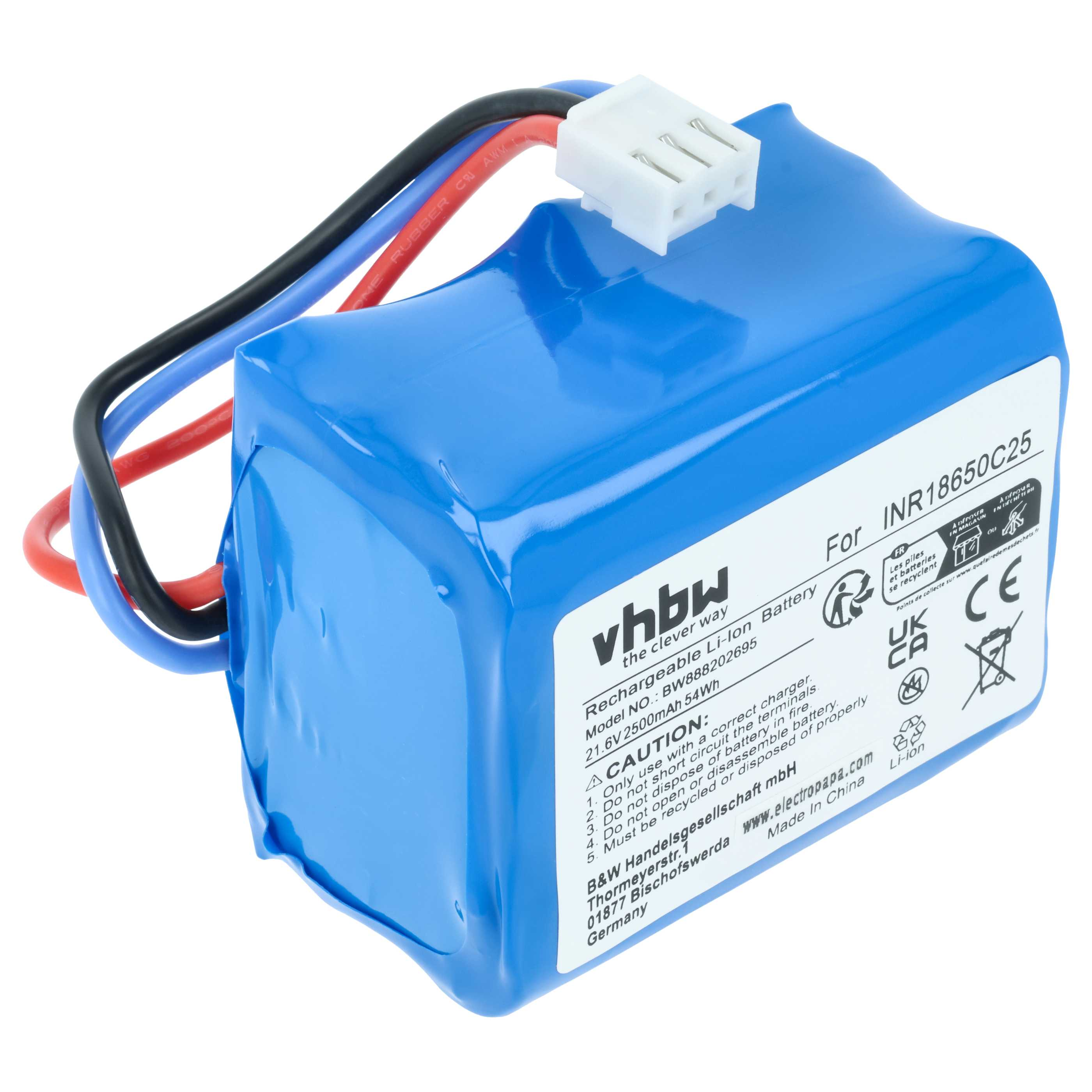 Ein blaues Li-Ion Akku-Pack mit Kabeln und einem weißen Stecker.