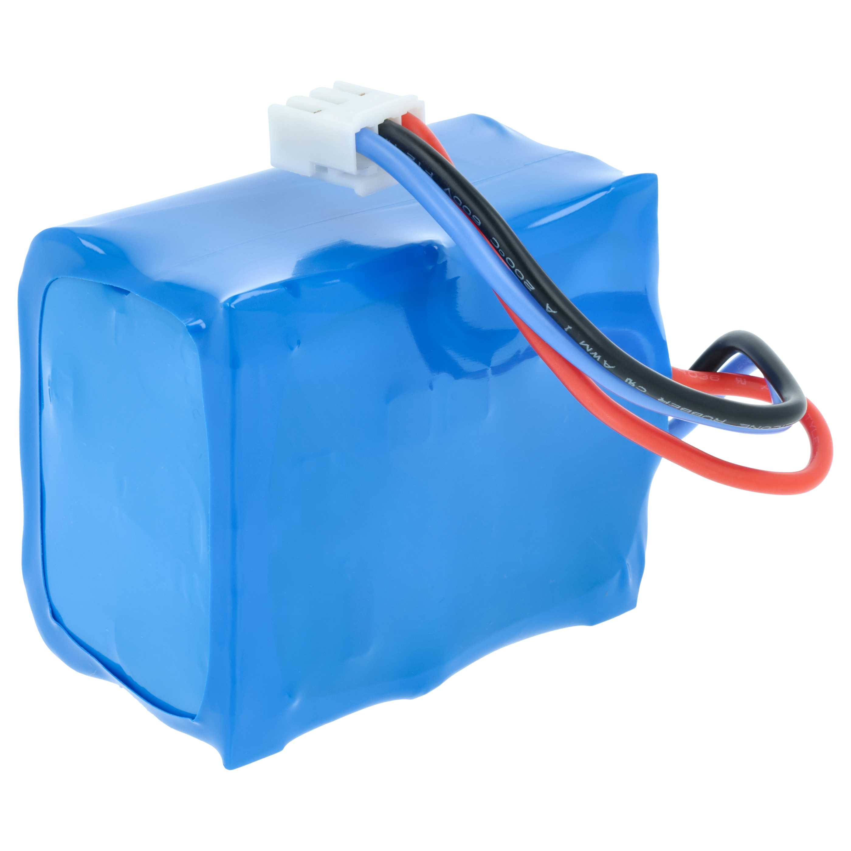 Blauer Akku mit roten, blauen und schwarzen Kabeln und einem weißen Stecker.