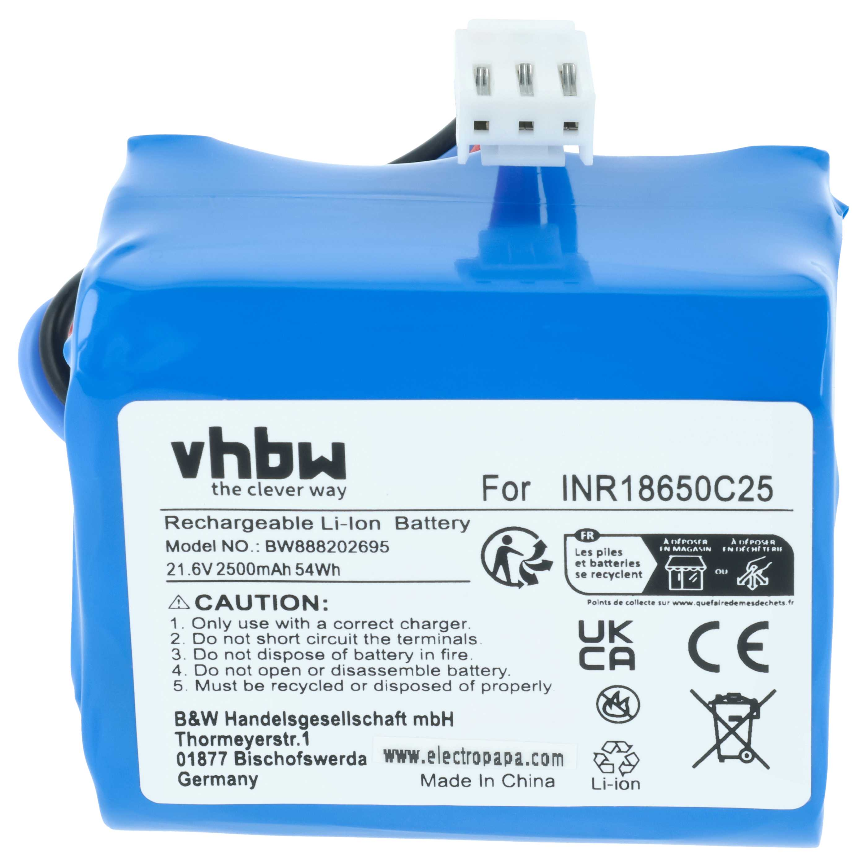 Blauer Lithium-Ionen-Akku mit weißem Anschluss und Aufkleber mit Spezifikationen.