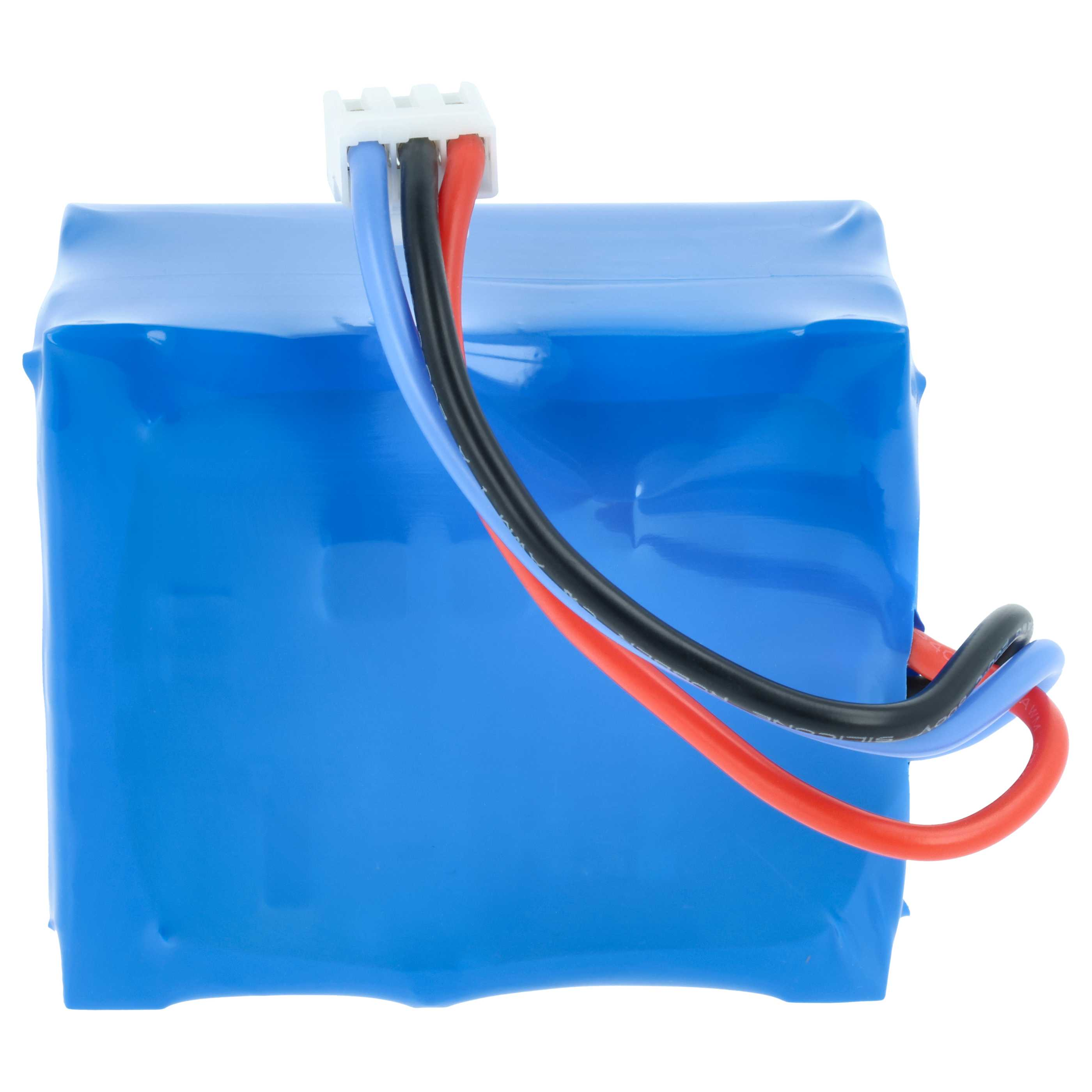 Ein blauer Akku mit roten, schwarzen und blauen Kabeln, die aus einem weißen Stecker kommen.