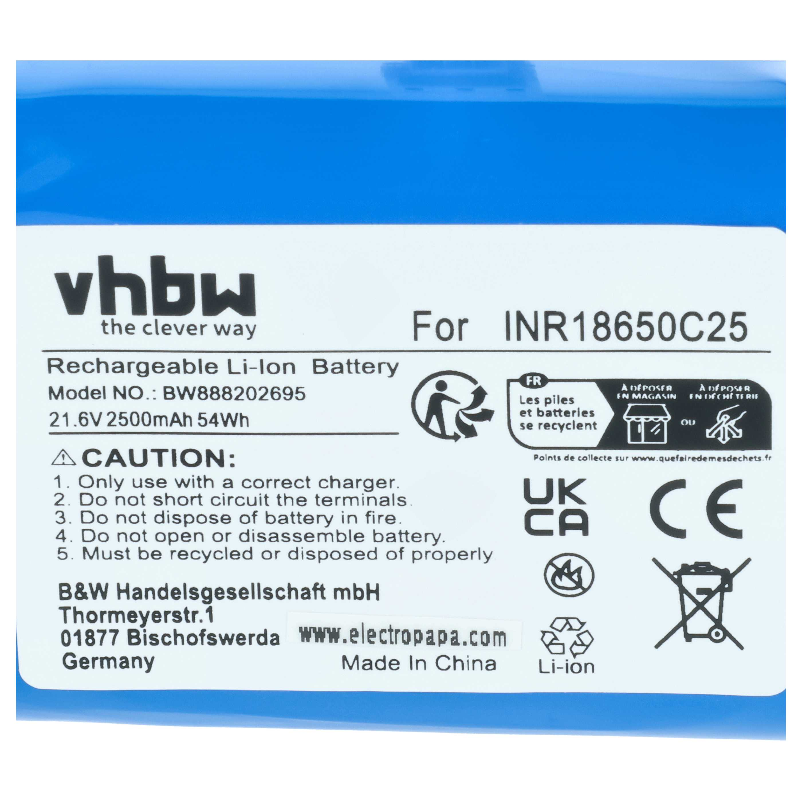 vhbw Li-Ion Akku, 21.6V, 2500mAh, Modell INR18650C25. Mit Warnhinweisen.
