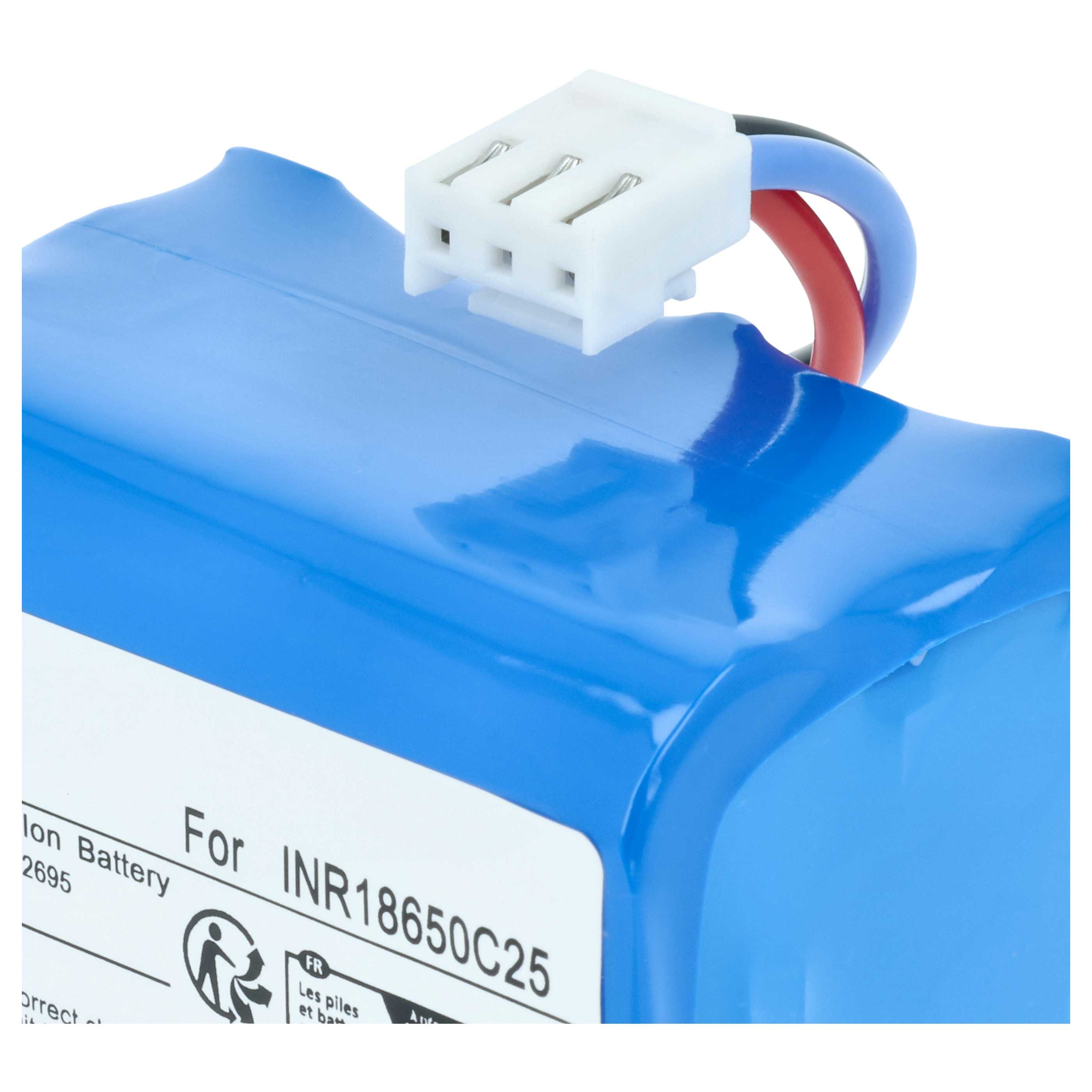 Blauer Lithium-Ionen-Akku mit weißem 3-Pin-Stecker und Kabeln.