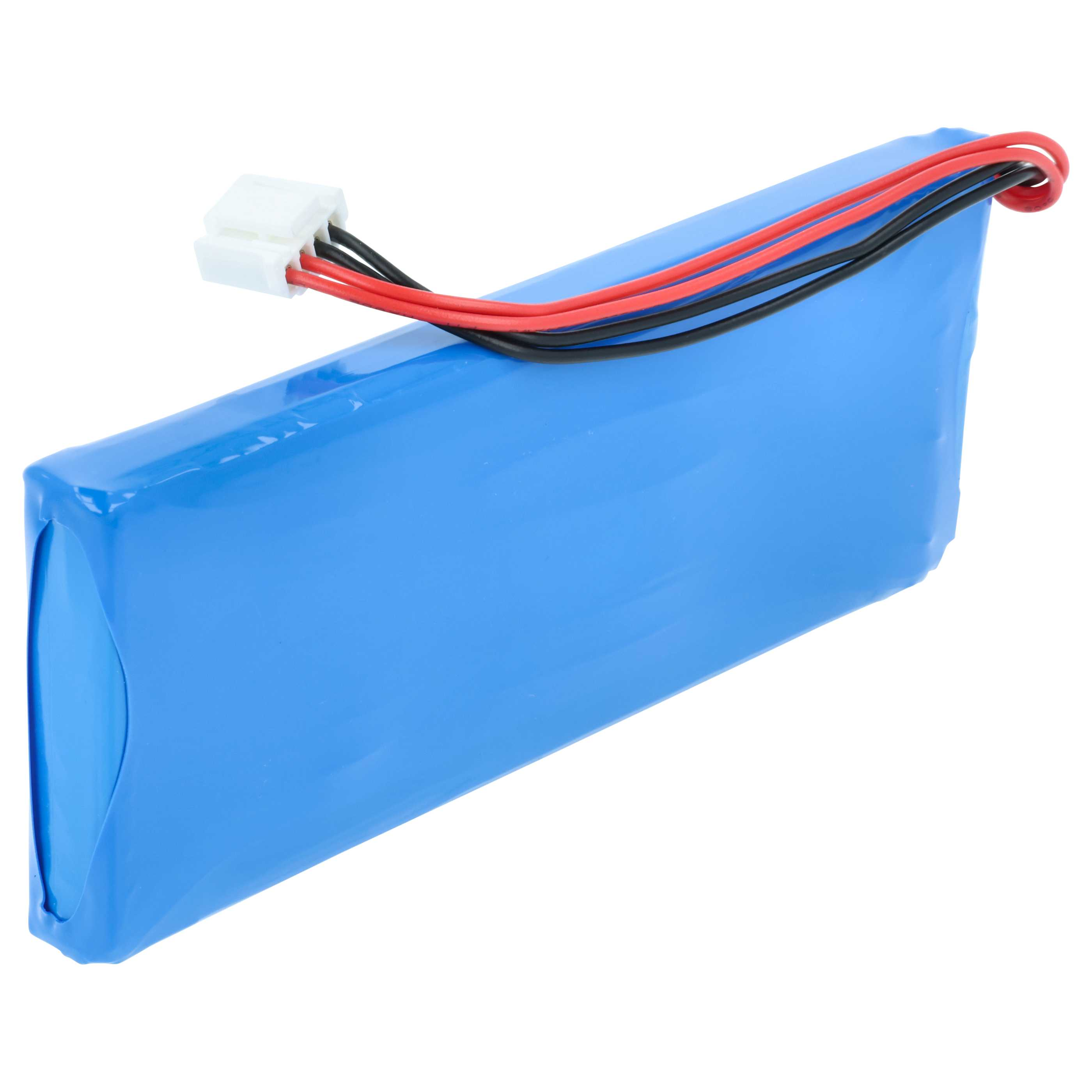 Ein blaues Akkupack mit roten und schwarzen Kabeln, die zu einem weißen Stecker führen.