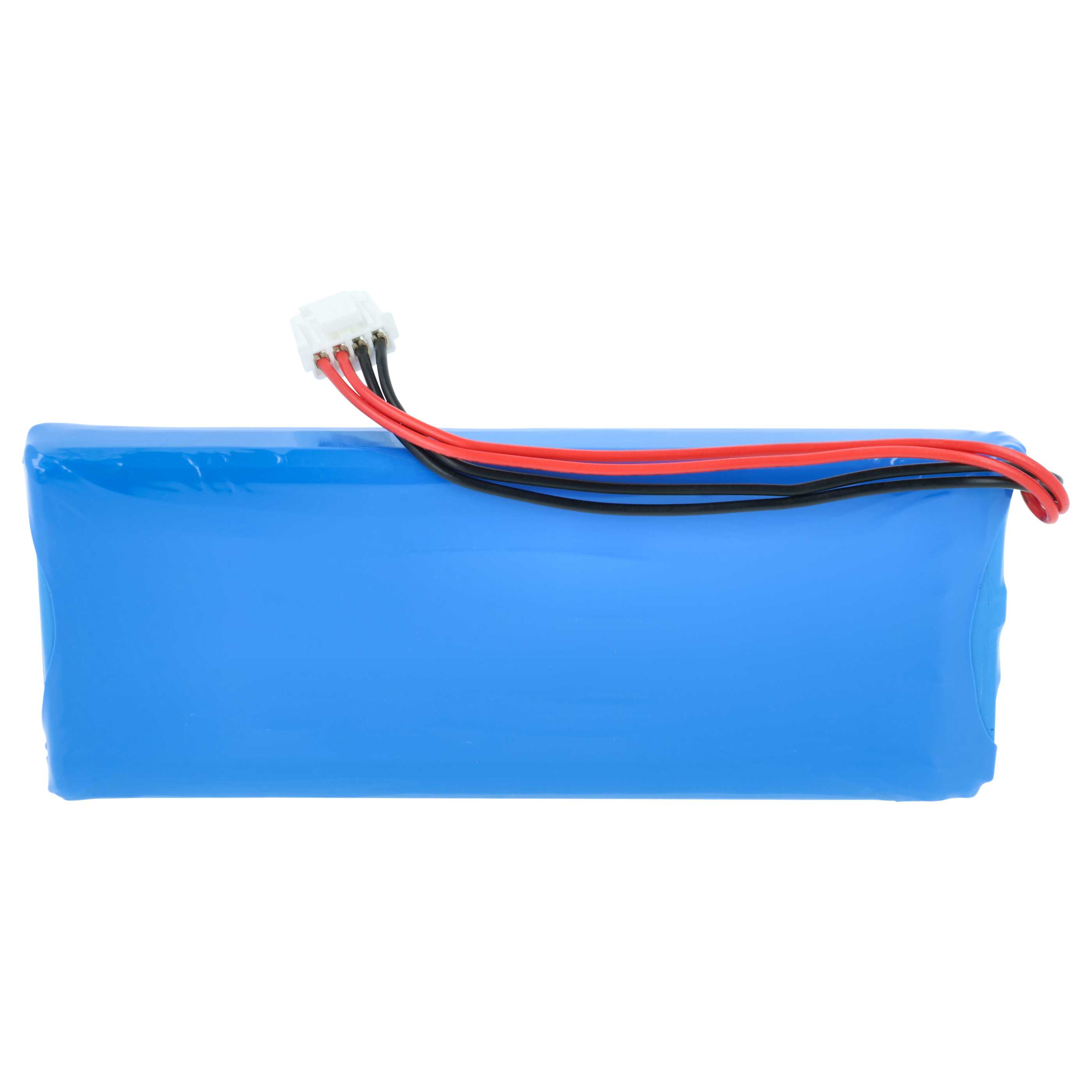 Ein blaues Akkupack mit roten und schwarzen Kabeln und einem weißen Stecker.
